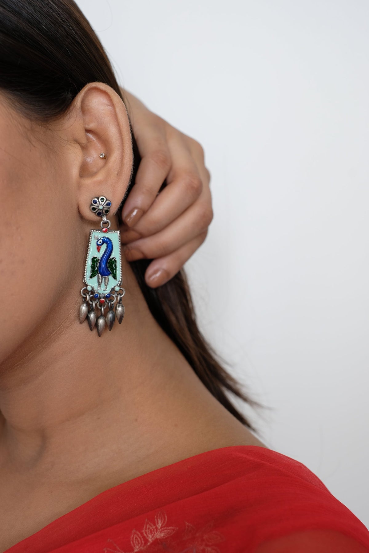 Peacock Handcrafted Enamel Earring With Hangings - UMANG