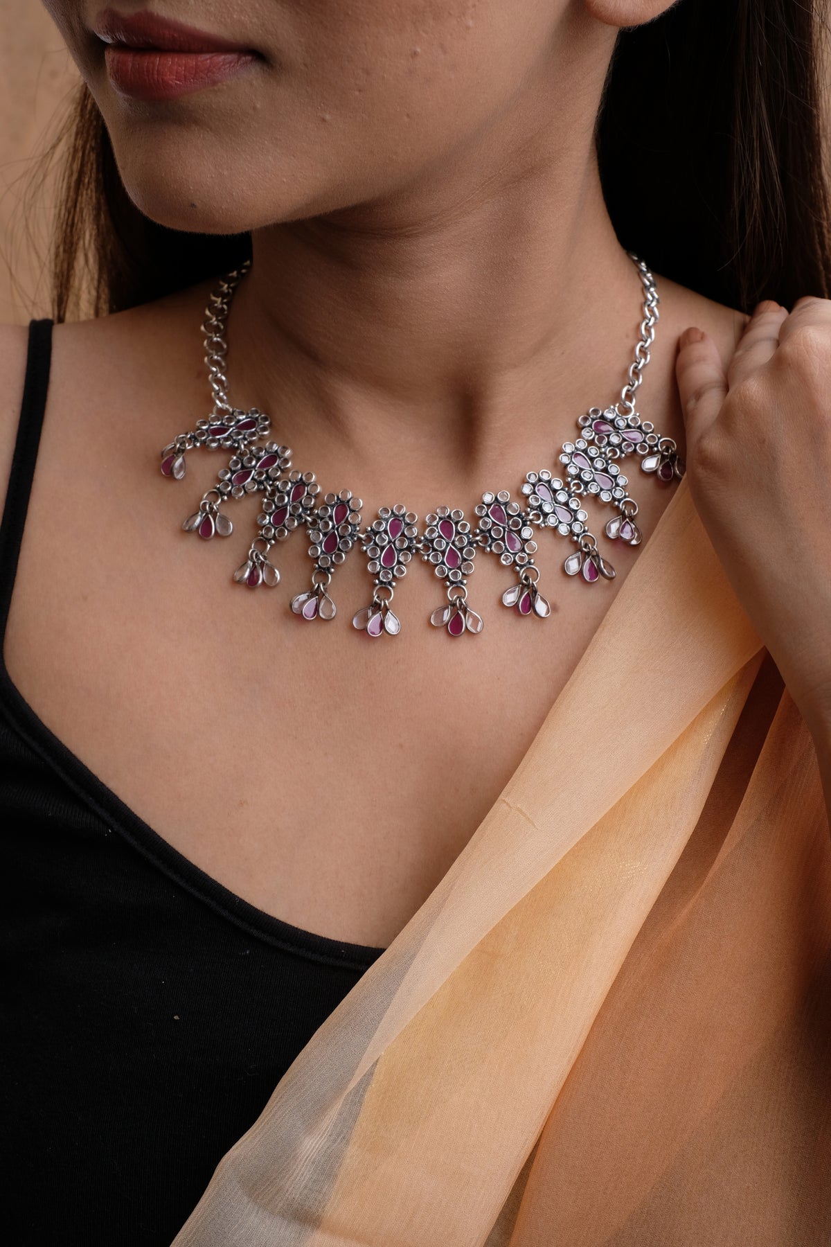 Crystal Ruby Floral Necklace With Silver Chain