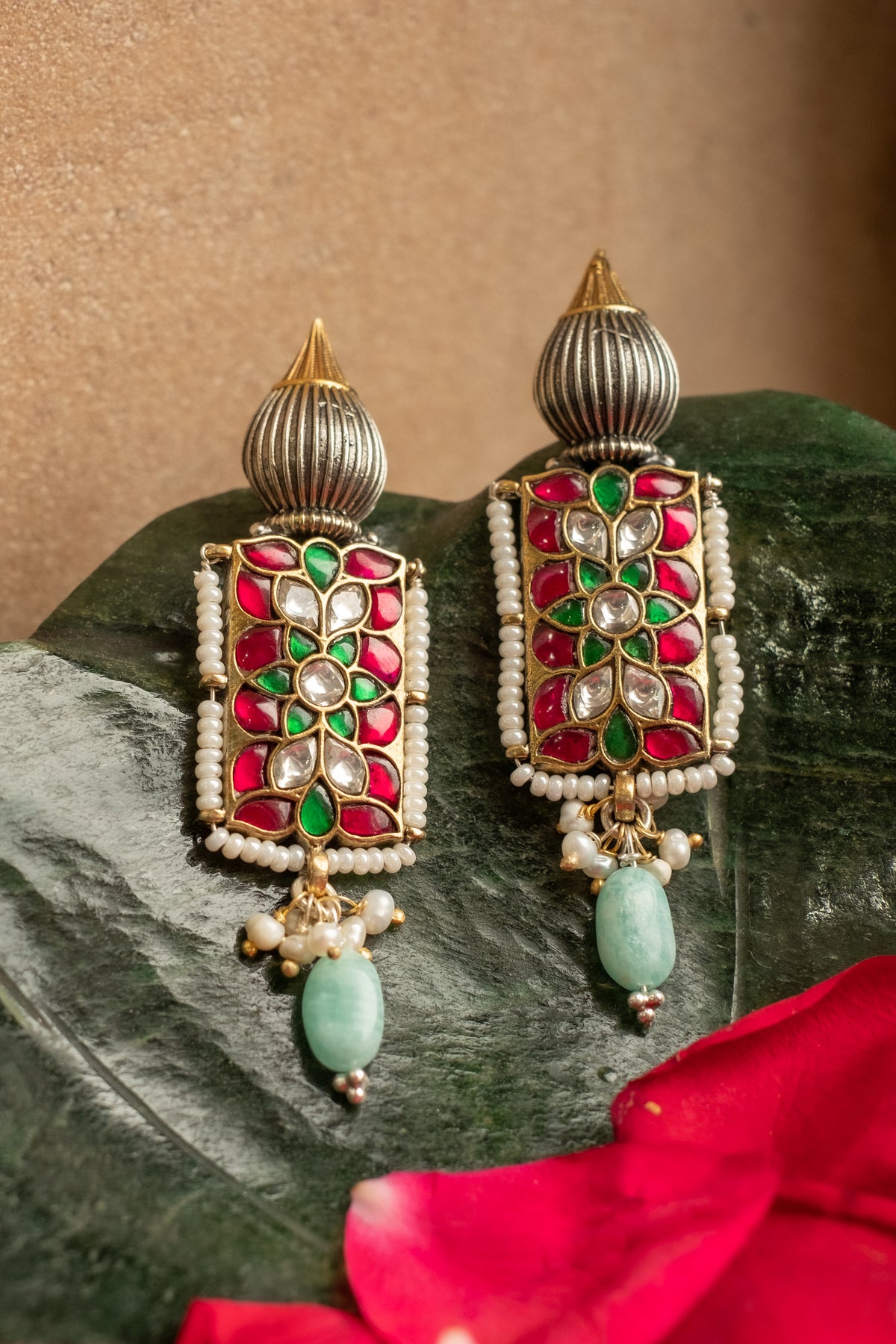 Kundan Green Drop Earrings