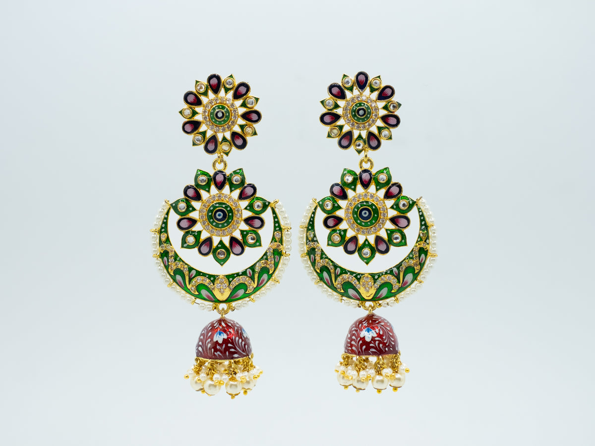 Zircon Studded Pearl Enamel Chandbali Jhumki Earrings -NOOR