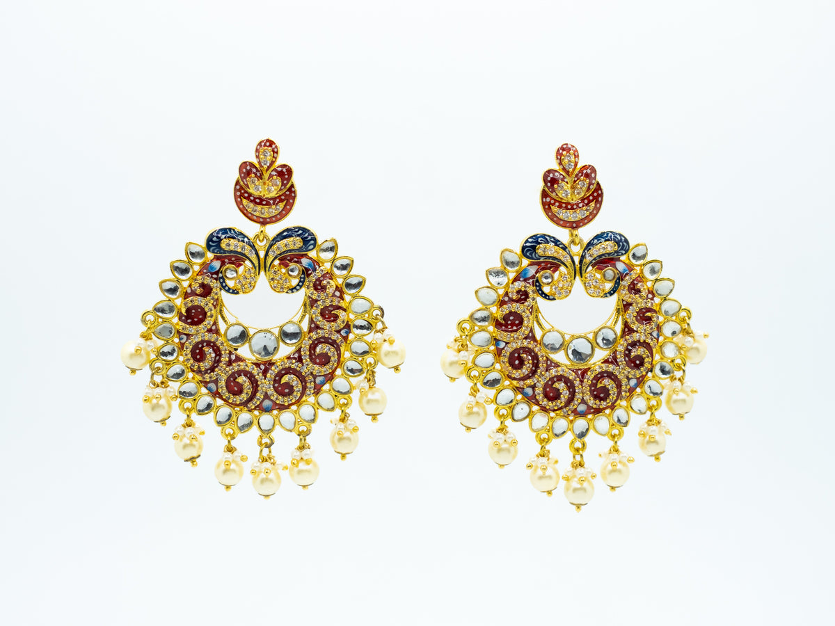 Zircon Studded Pearl Red And Blue Enamel Chandbali Earring - NOOR