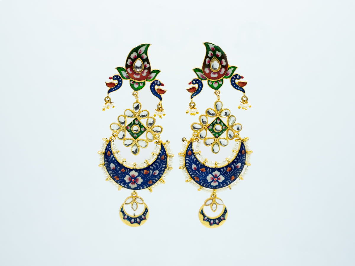 Zircon Studded Pasley Top Pearl Enamel Chandbali Earrings p- NOOR