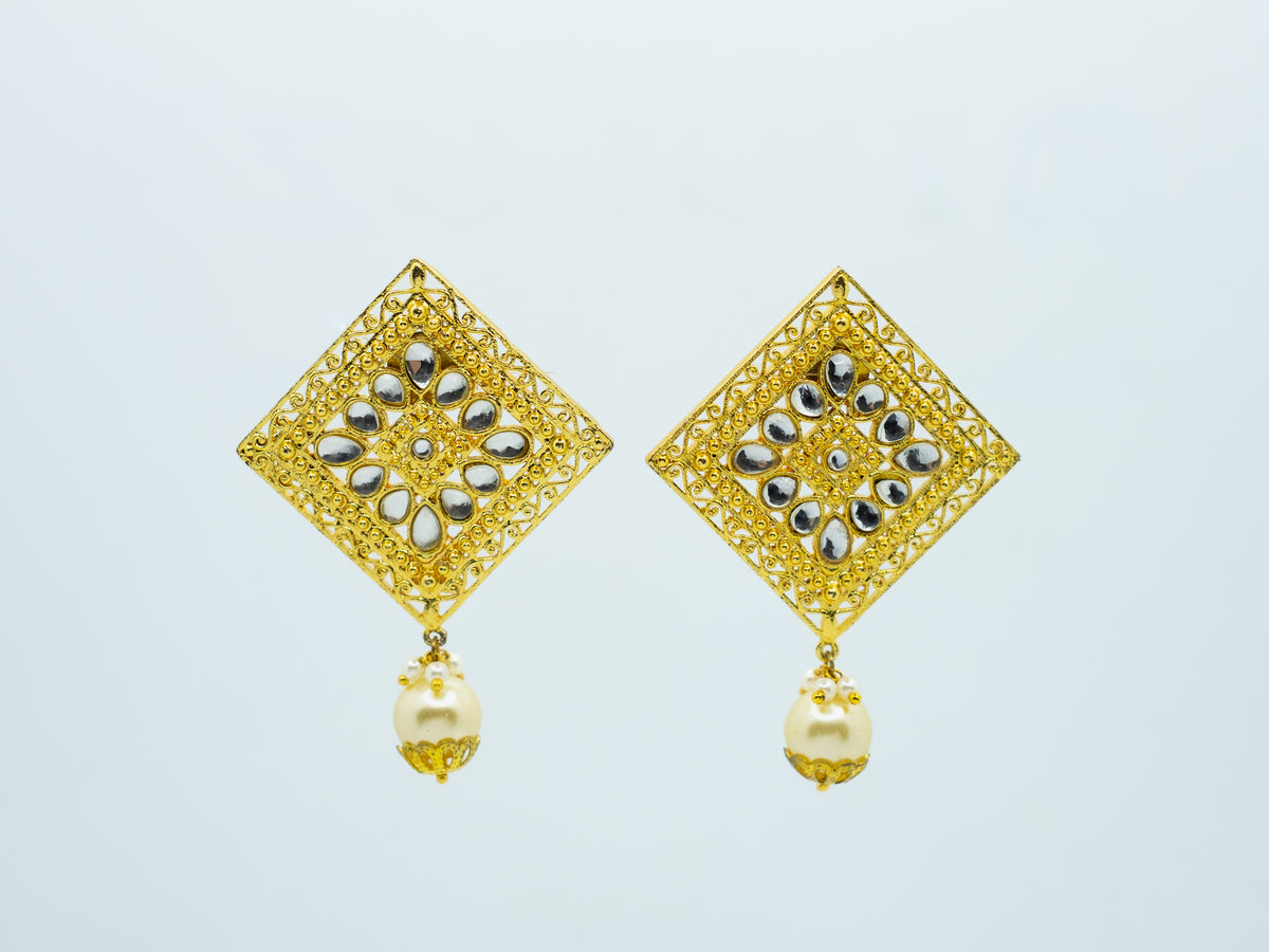 Square Shape Zircon Studded Pearl Earrings -NOOR