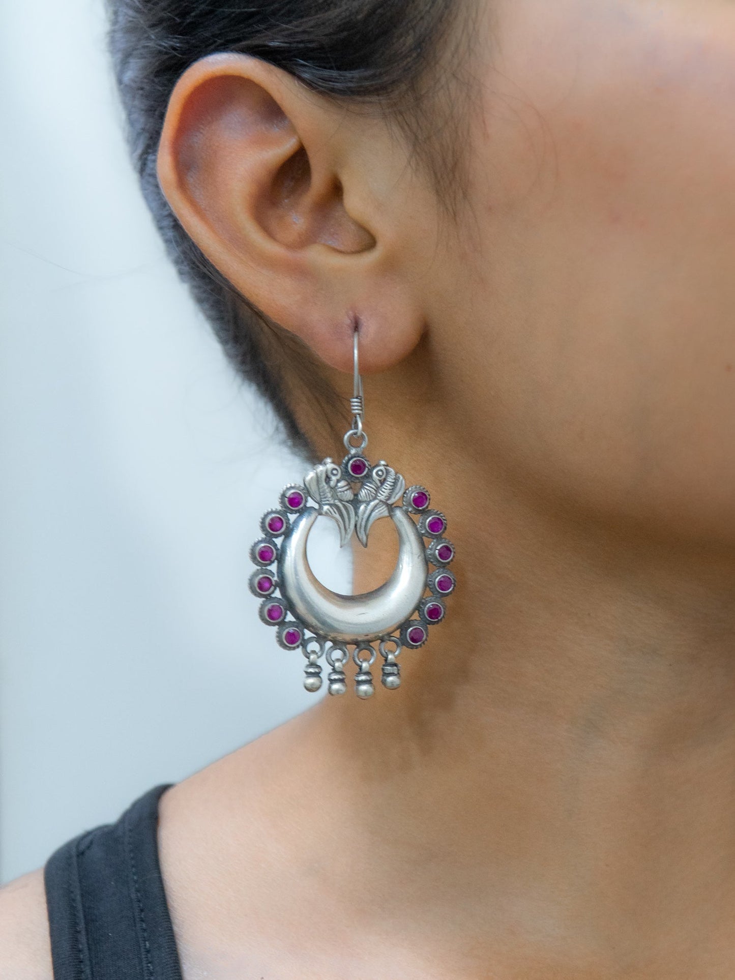 Peacock Moon Studded With Red Stone Earrings And Necklace