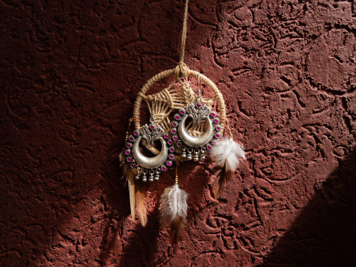 Peacock Moon Studded With Red Stone Earrings And Necklace