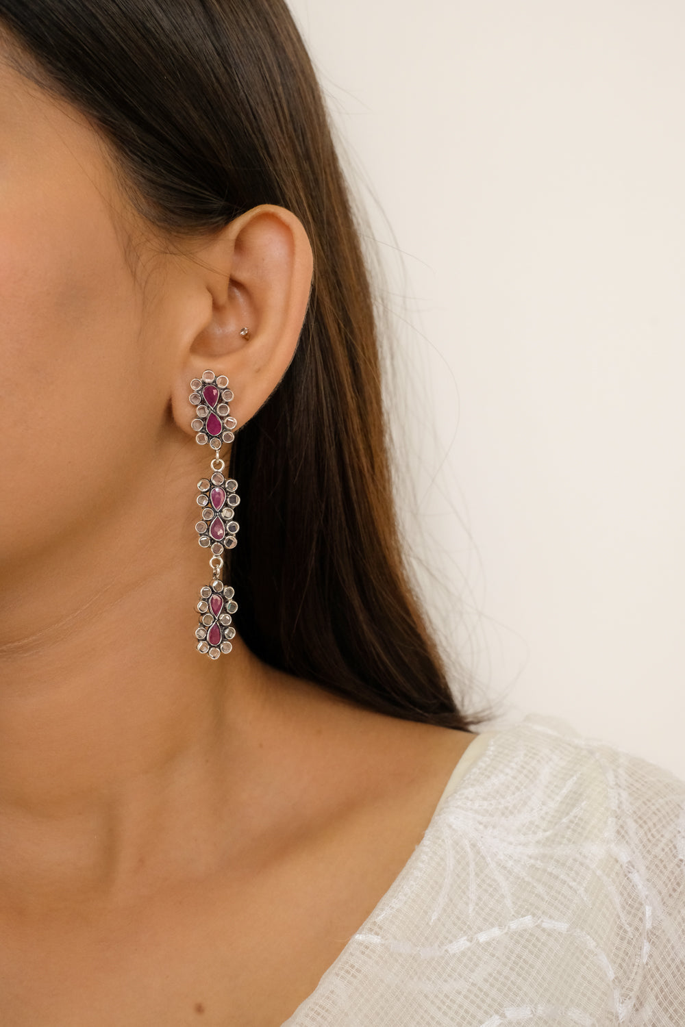 Crystal Ruby Floral Necklace With Thread And Earrings
