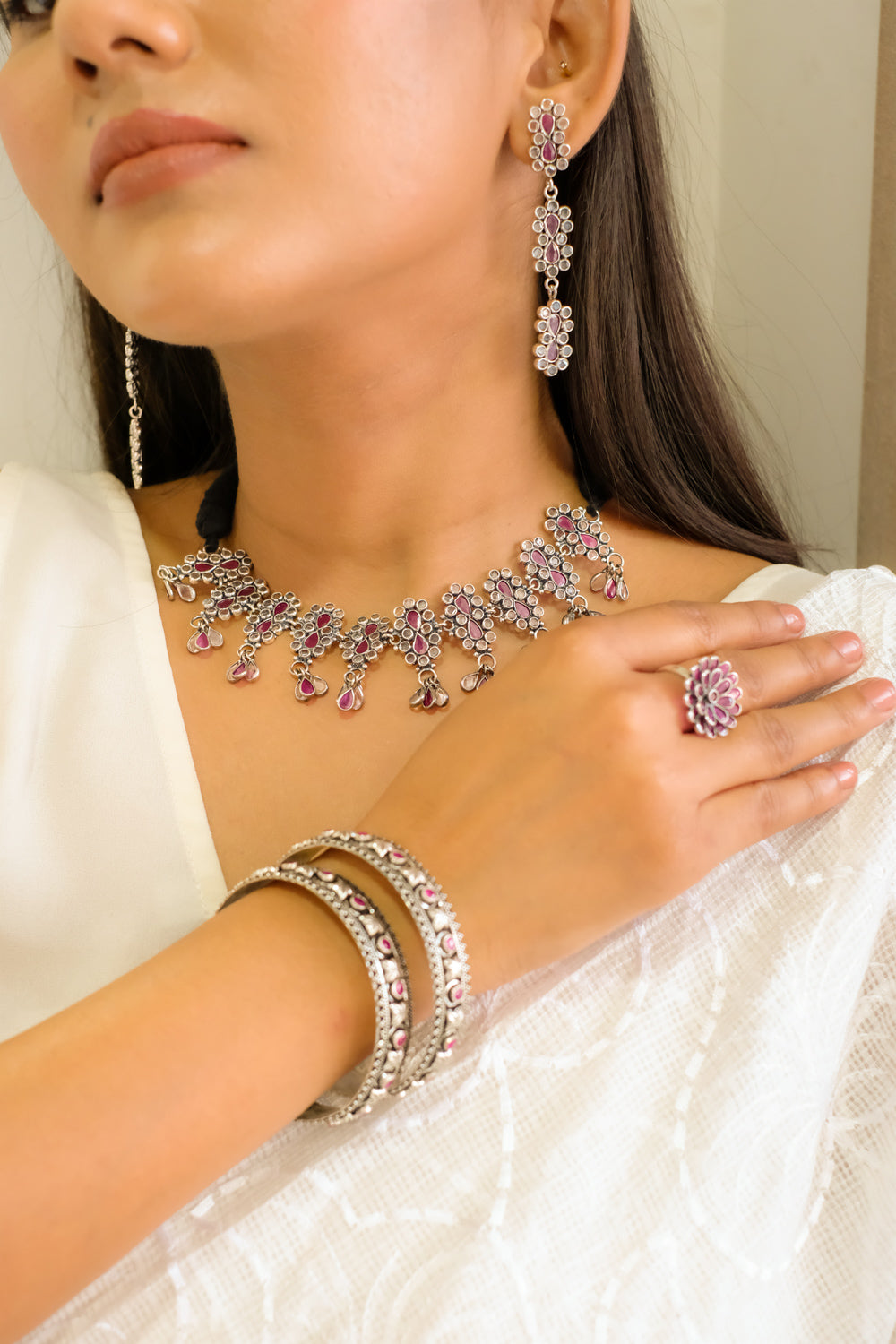 Crystal Ruby Floral Necklace With Thread And Earrings