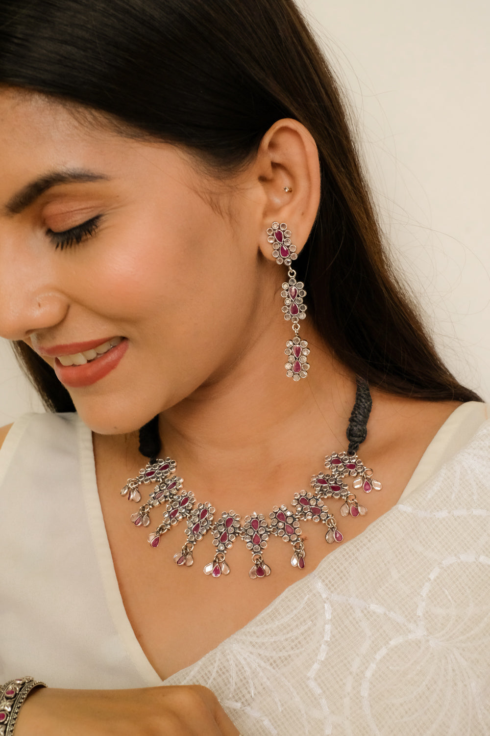 Crystal Ruby Floral Necklace With Thread And Earrings