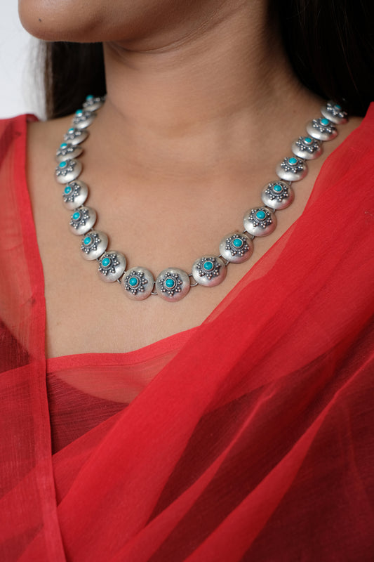 Granulated Turquoise Long Disk Necklace