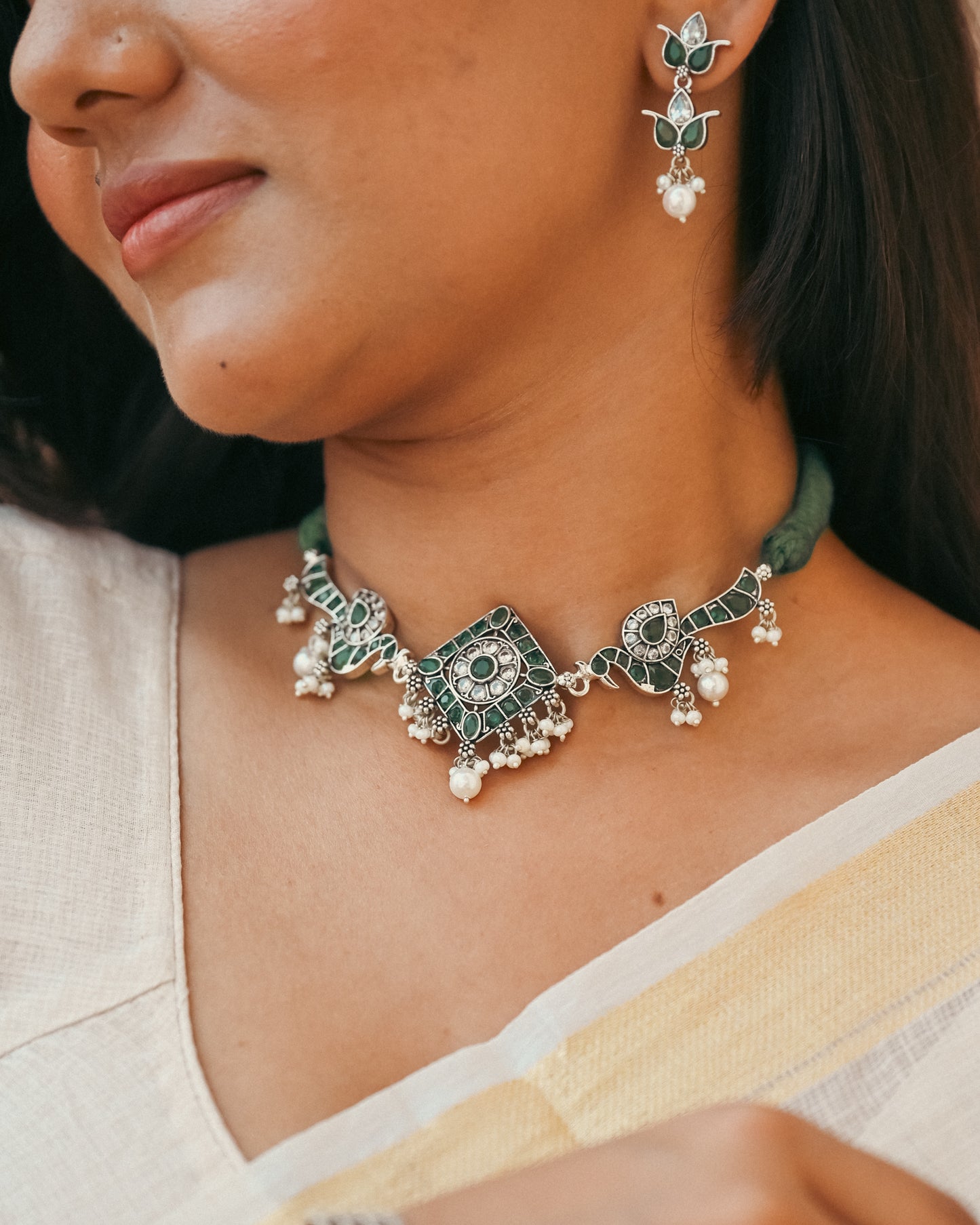 Emerald colour peacock necklace & Earring