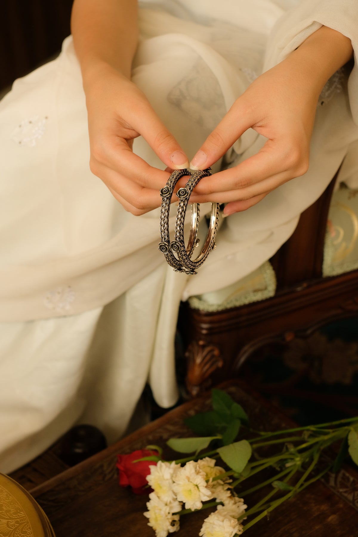 Elegant Silver Rose Bangle