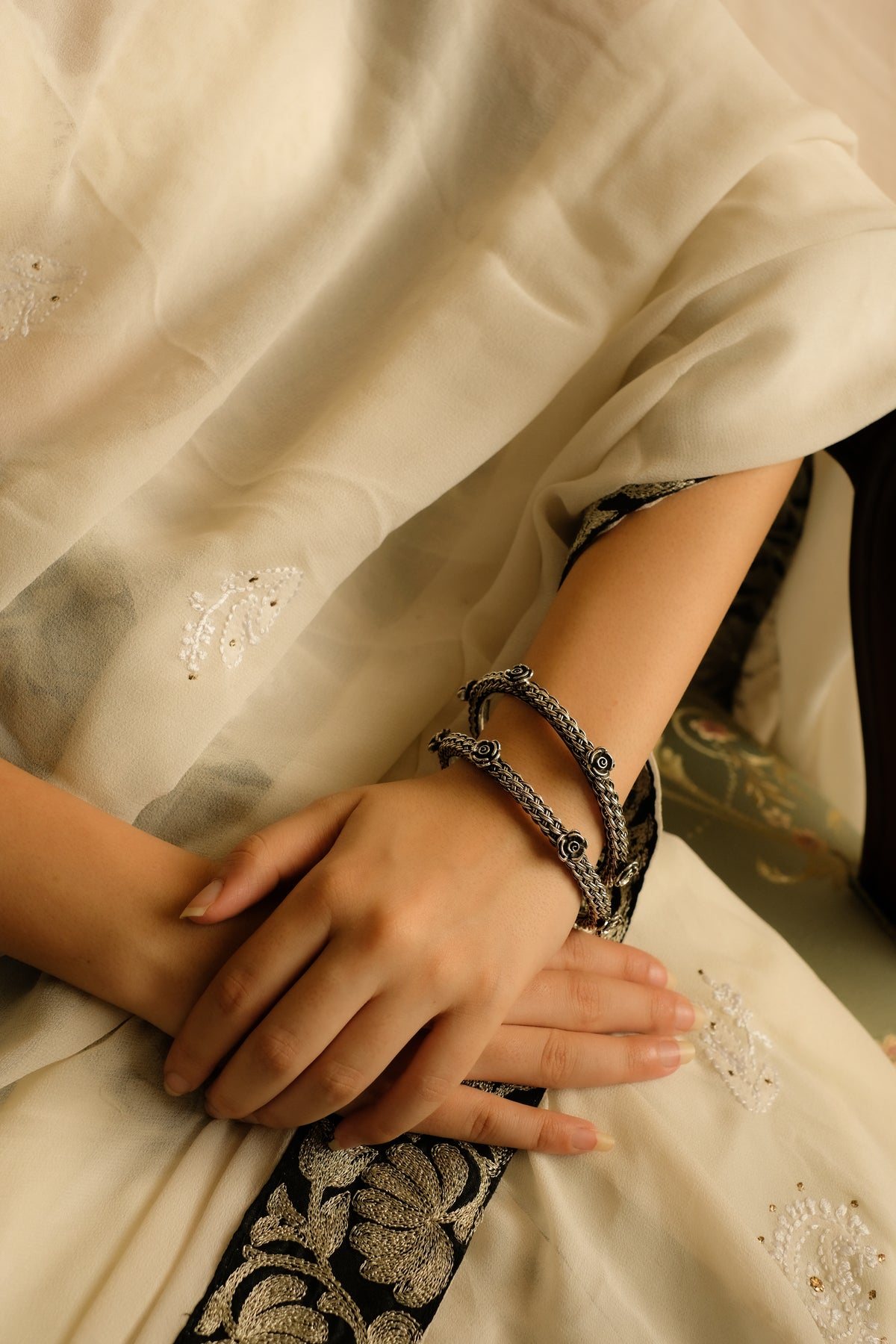 Elegant Silver Rose Bangle