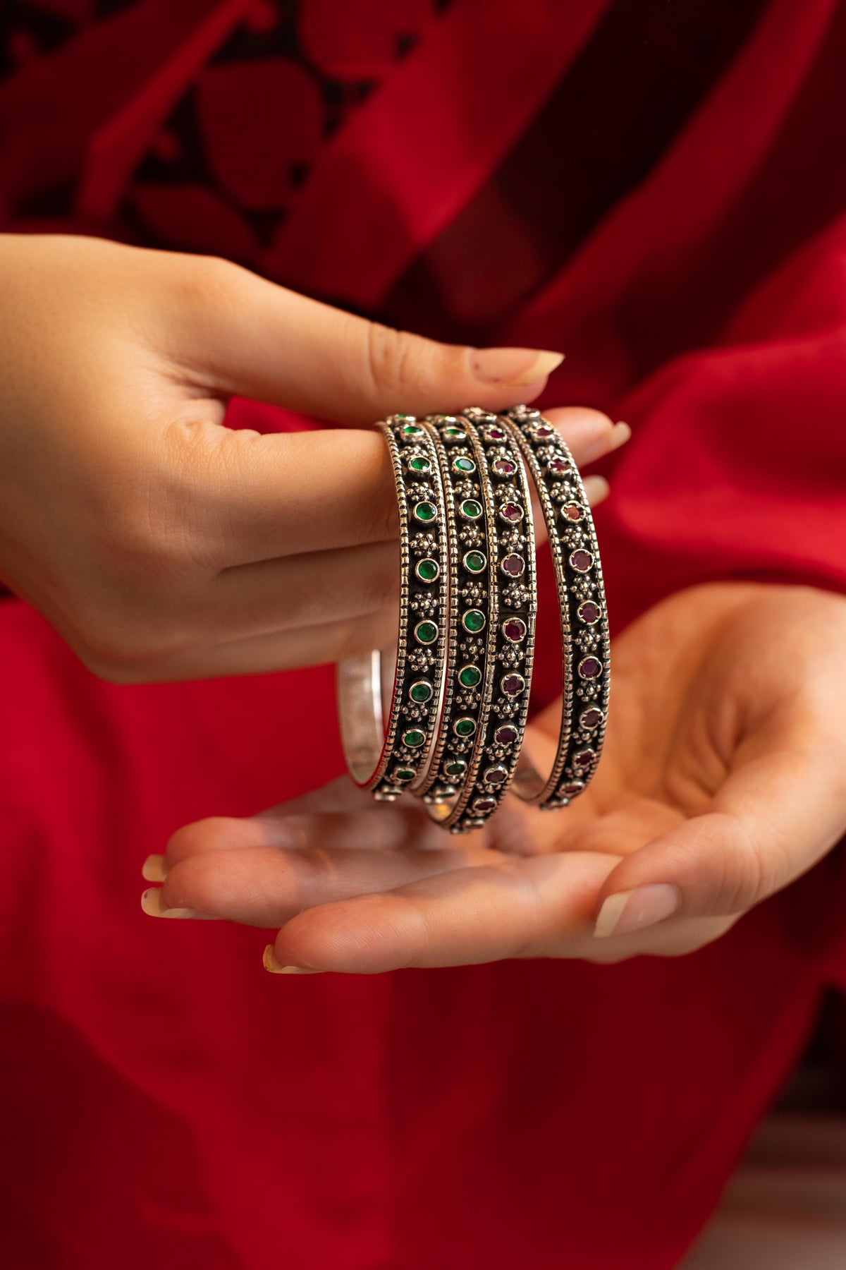 Silver Bangle with Red Gemstones