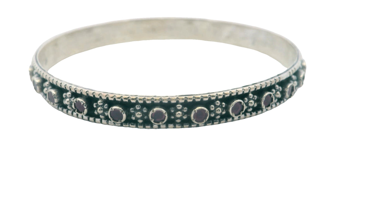 Silver Bangle with Red Gemstones
