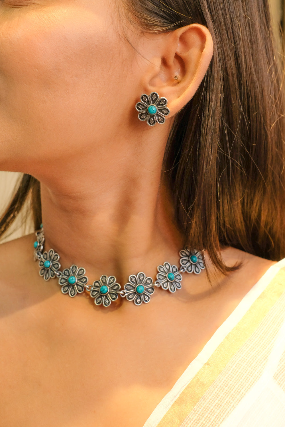 Turquoise Granulated Flower Earrings