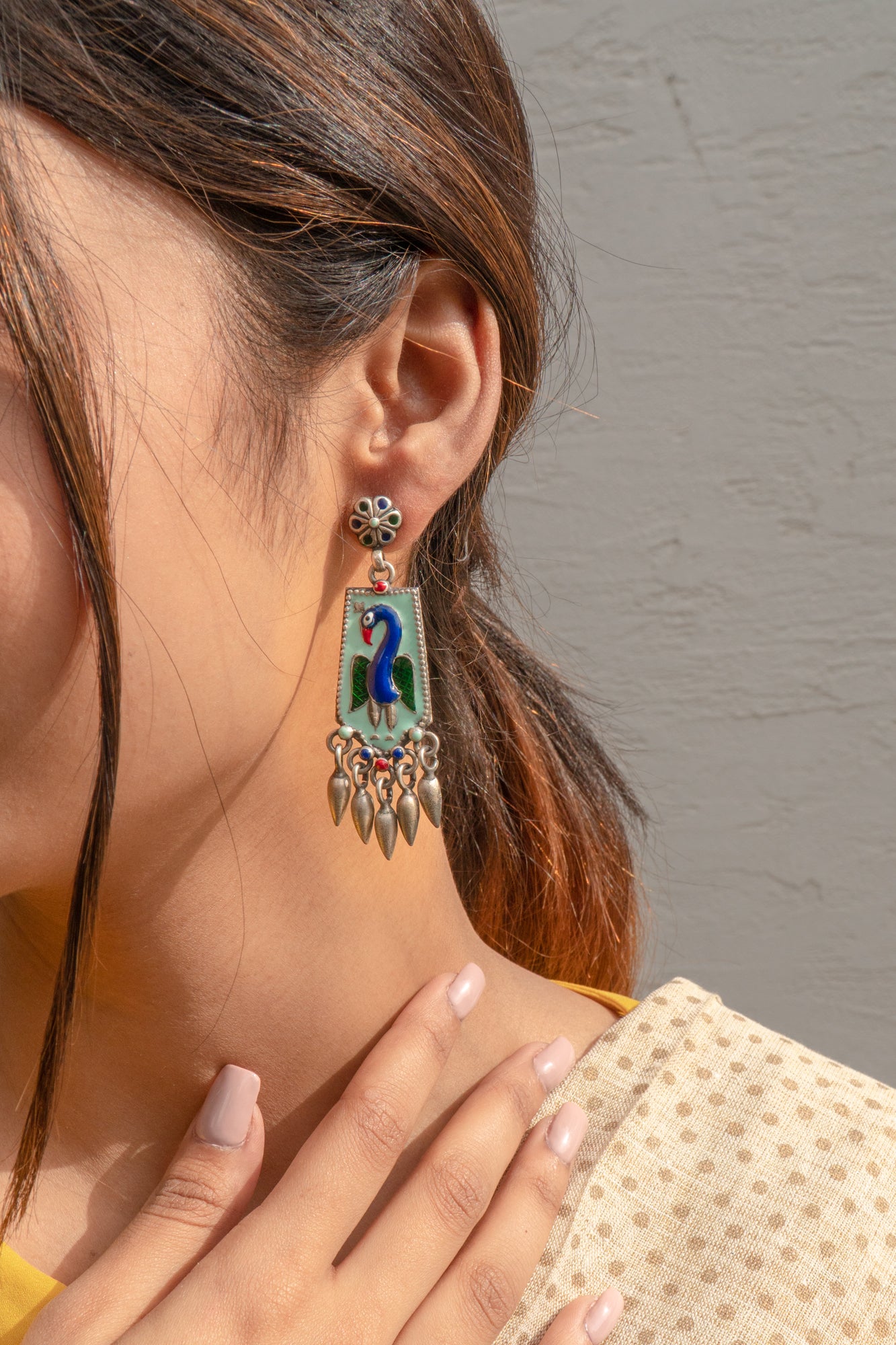 Peacock Handcrafted Enamel Earring With Hangings - UMANG