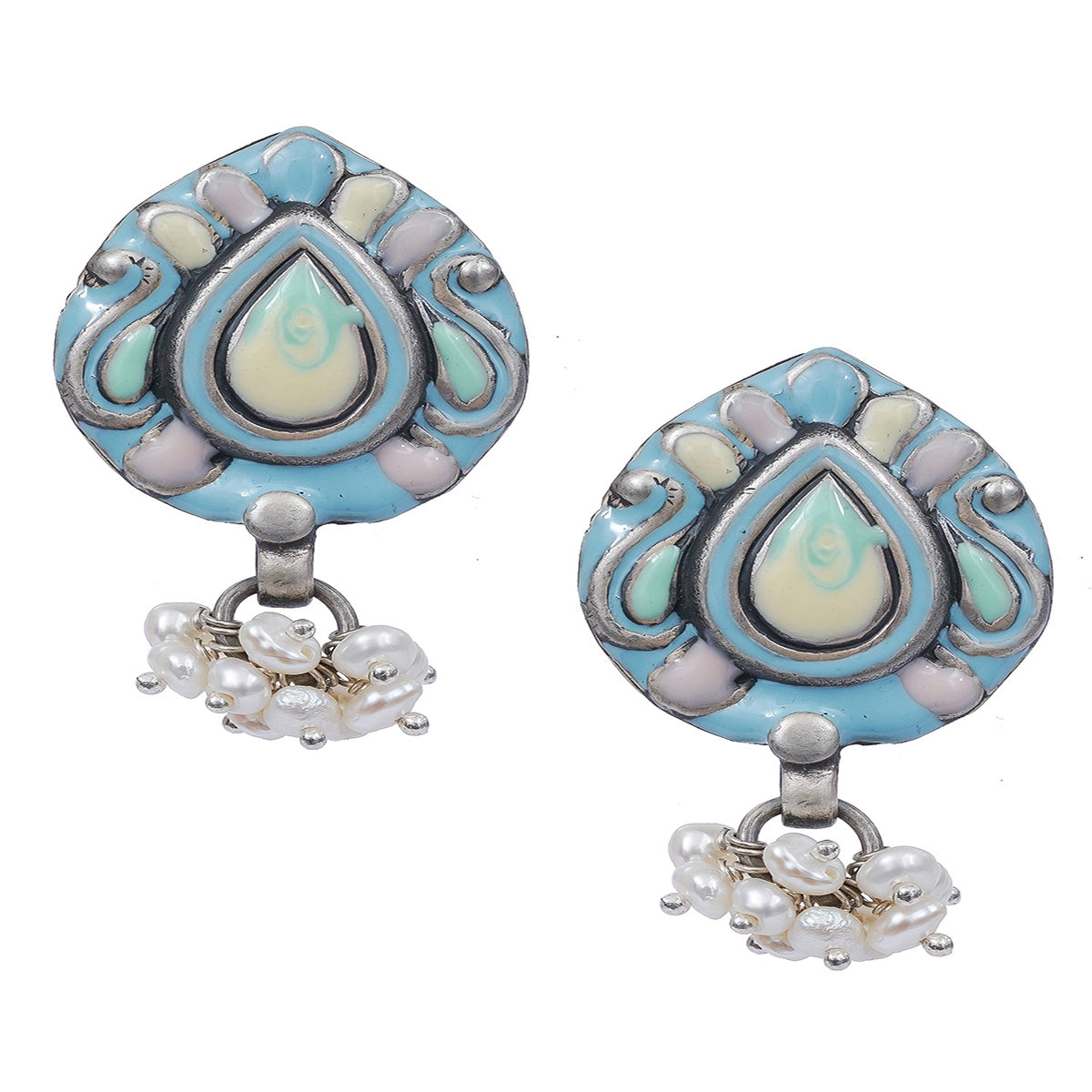 Pastel Blue Handcrafted Enamel Earrings With Pearl Hangings - UMANG