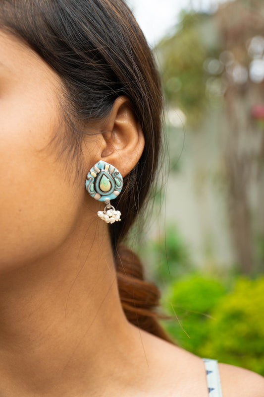 Pastel Blue Handcrafted Enamel Earrings With Pearl Hangings - UMANG
