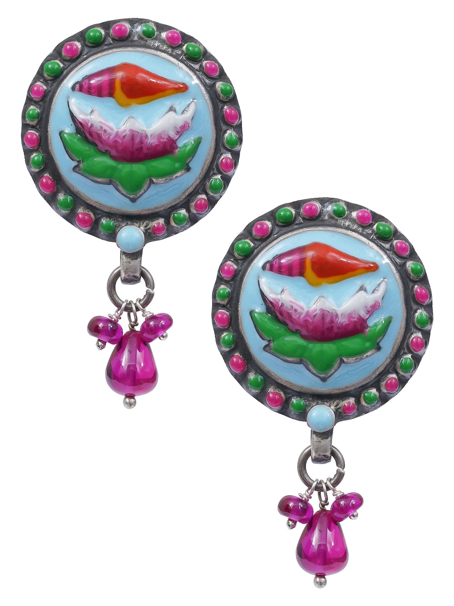 Lotus And Shell Handcrafted Enamel Earrings With Red Glass Hangings - UMANG