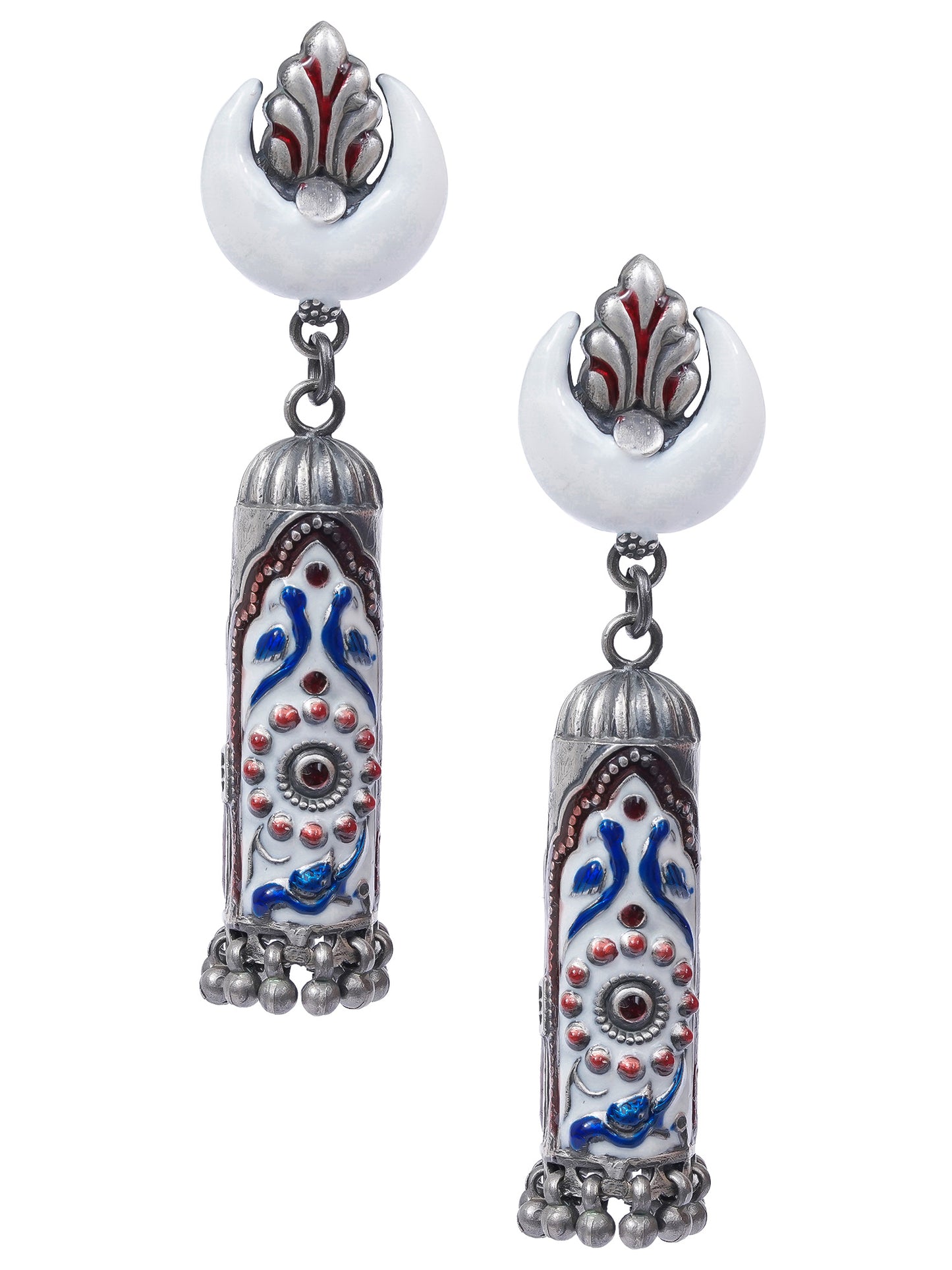 White Cylindrical Handcrafted Enamel Earrings With Ghungroo Hangings - UMANG