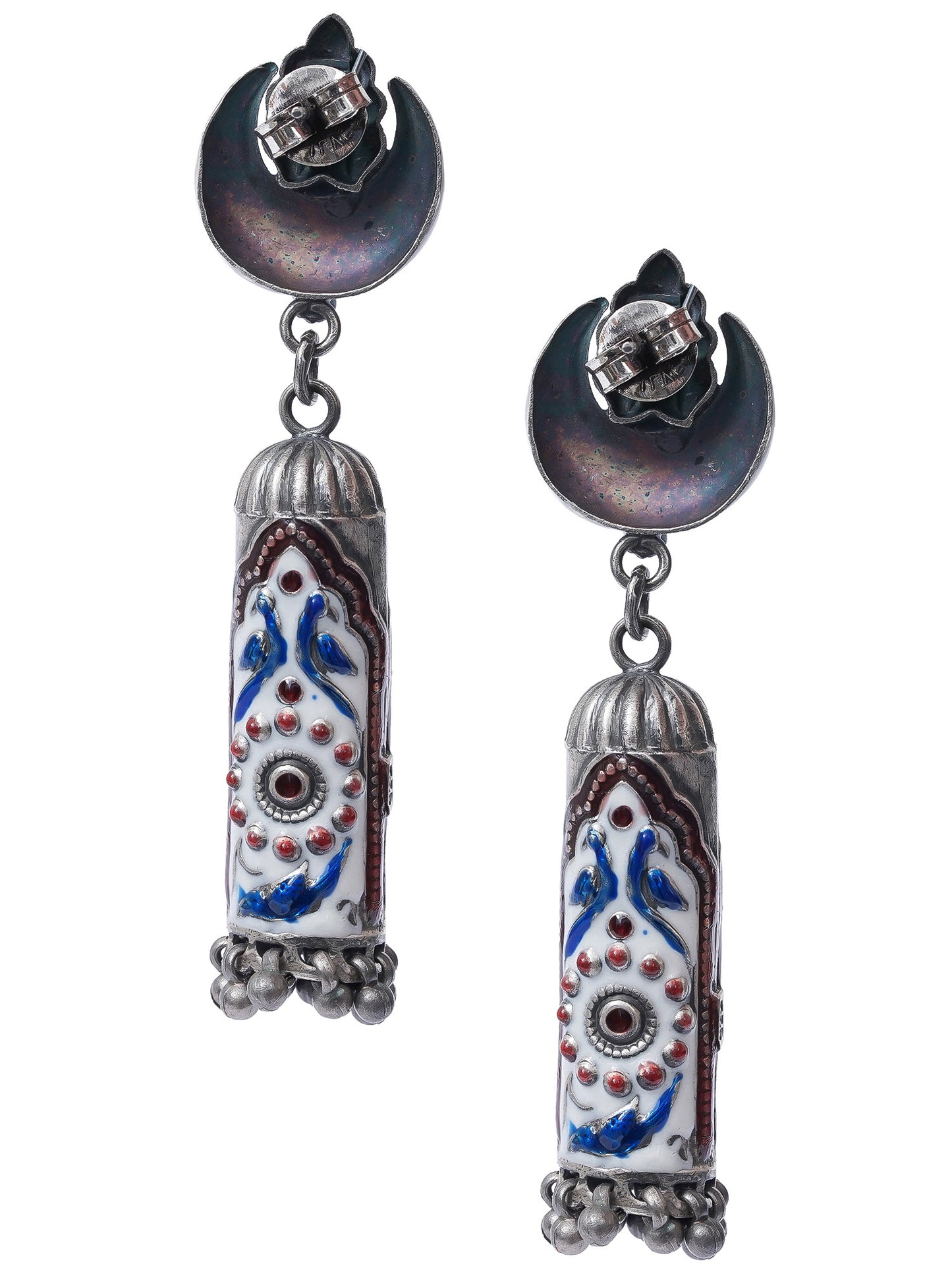 White Cylindrical Handcrafted Enamel Earrings With Ghungroo Hangings - UMANG