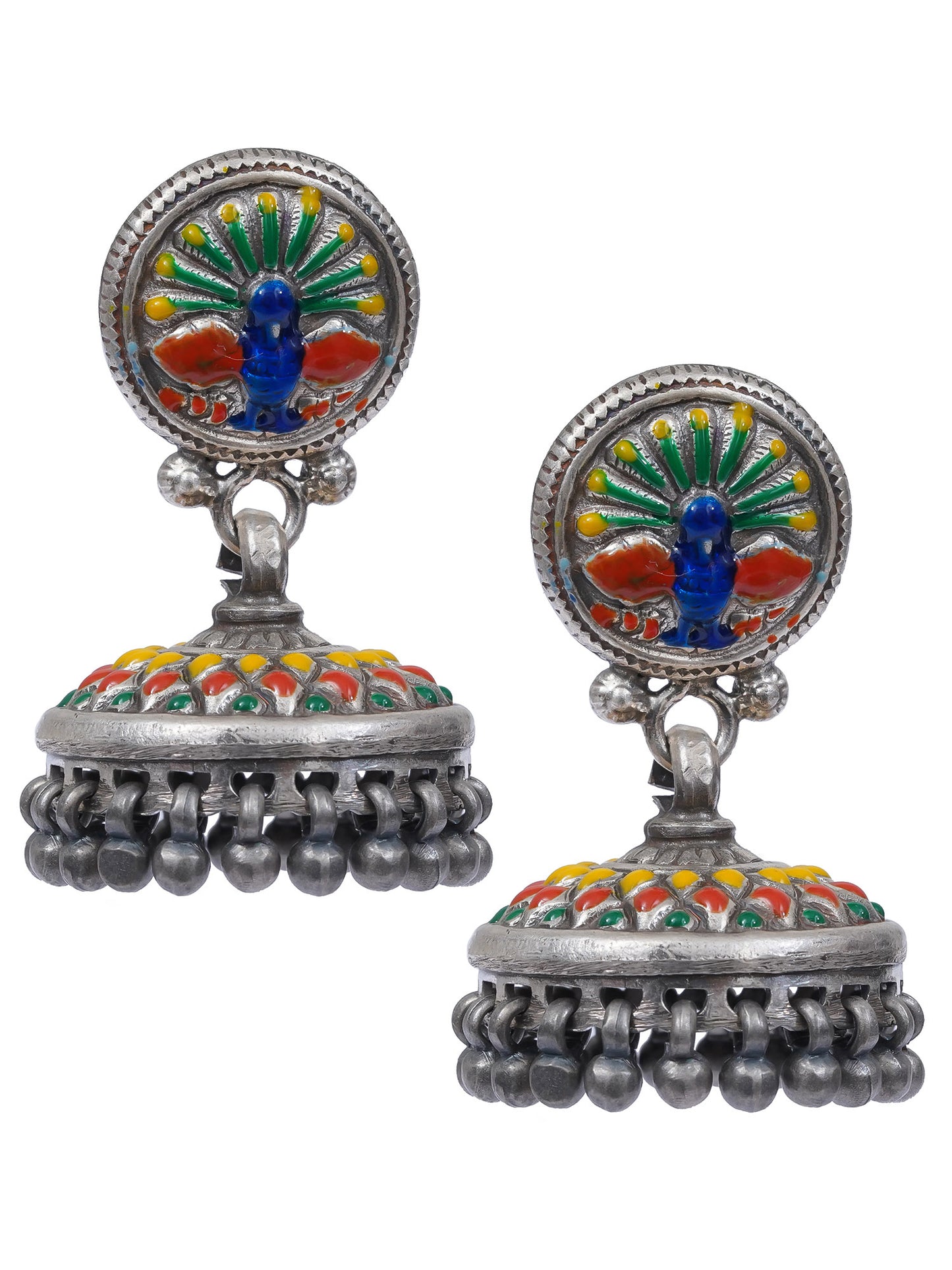 Peacock And Flower Handcrafted Enamel Jhumki With Ghungroo Hangings - UMANG