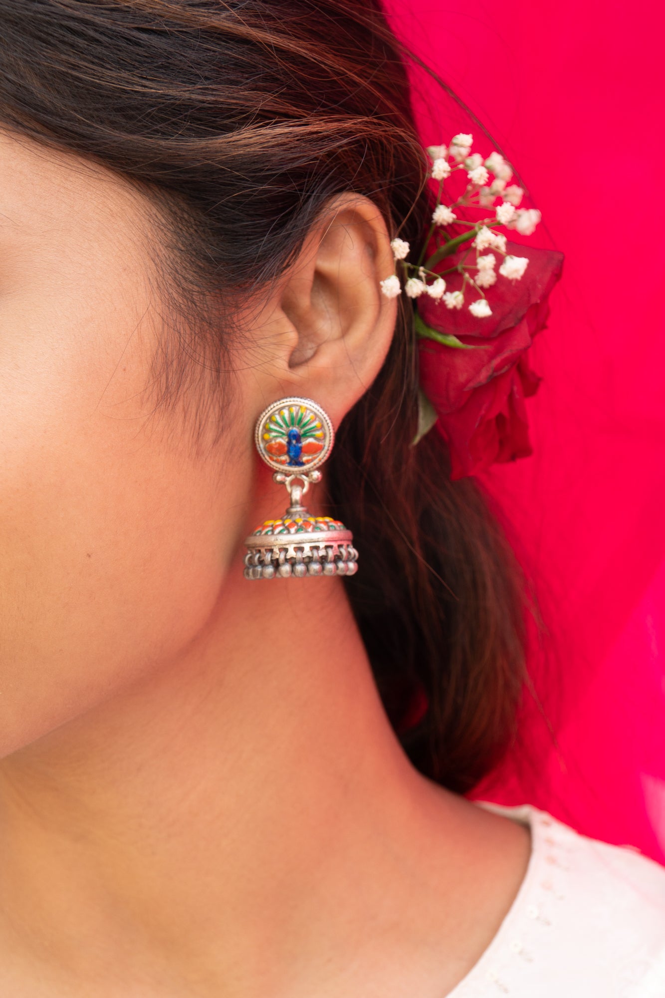 Peacock And Flower Handcrafted Enamel Jhumki With Ghungroo Hangings - UMANG