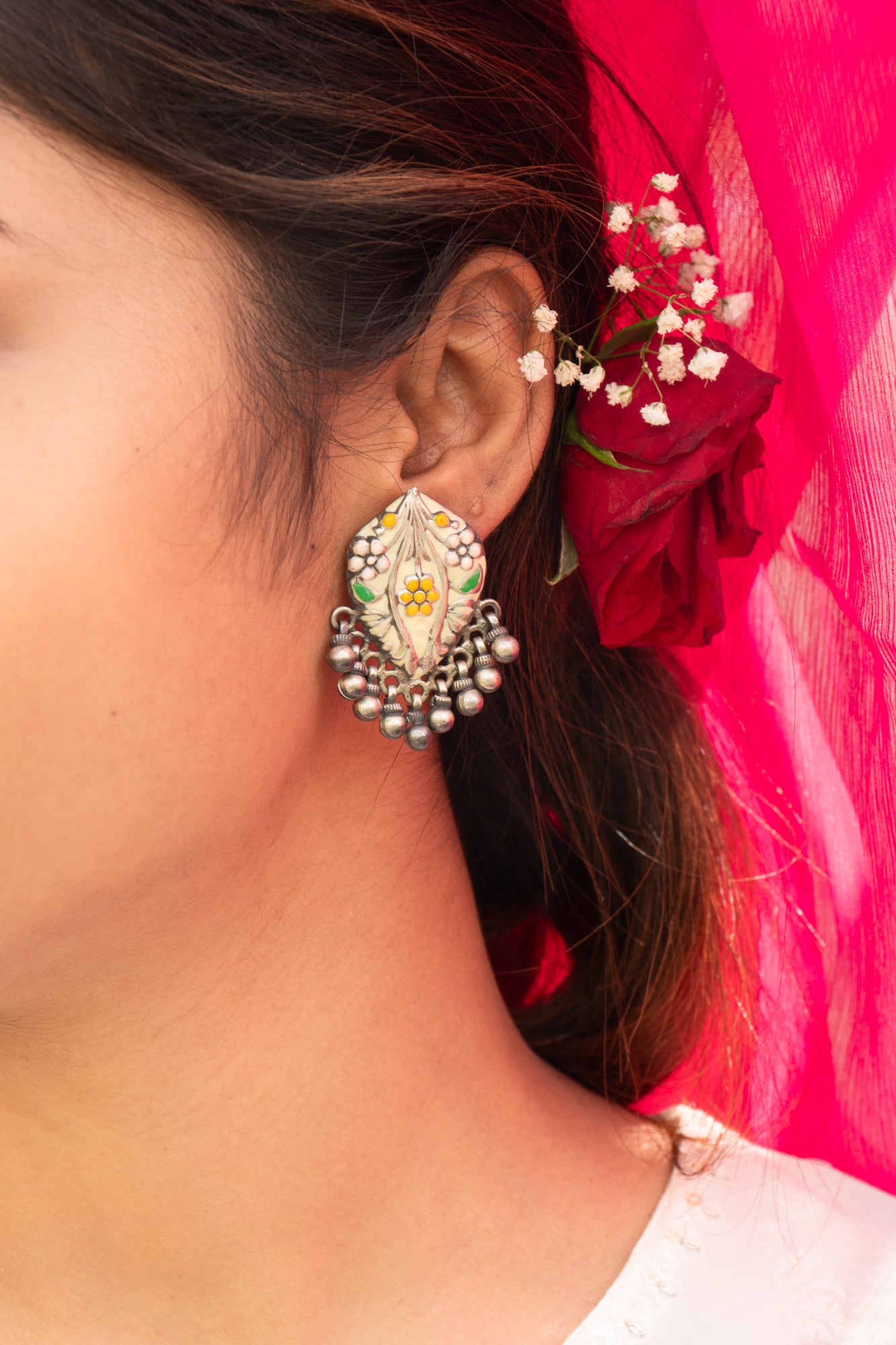 Flower Handcrafted Enamel Earring With Ghunghroo Hangings  - UMANG