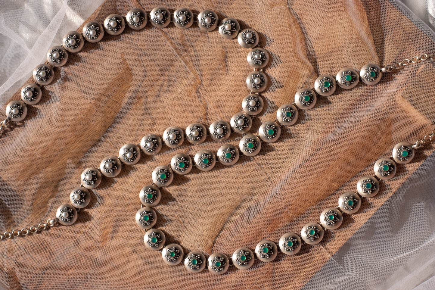 Granulated Flower Green Stone Long Necklace - ADA