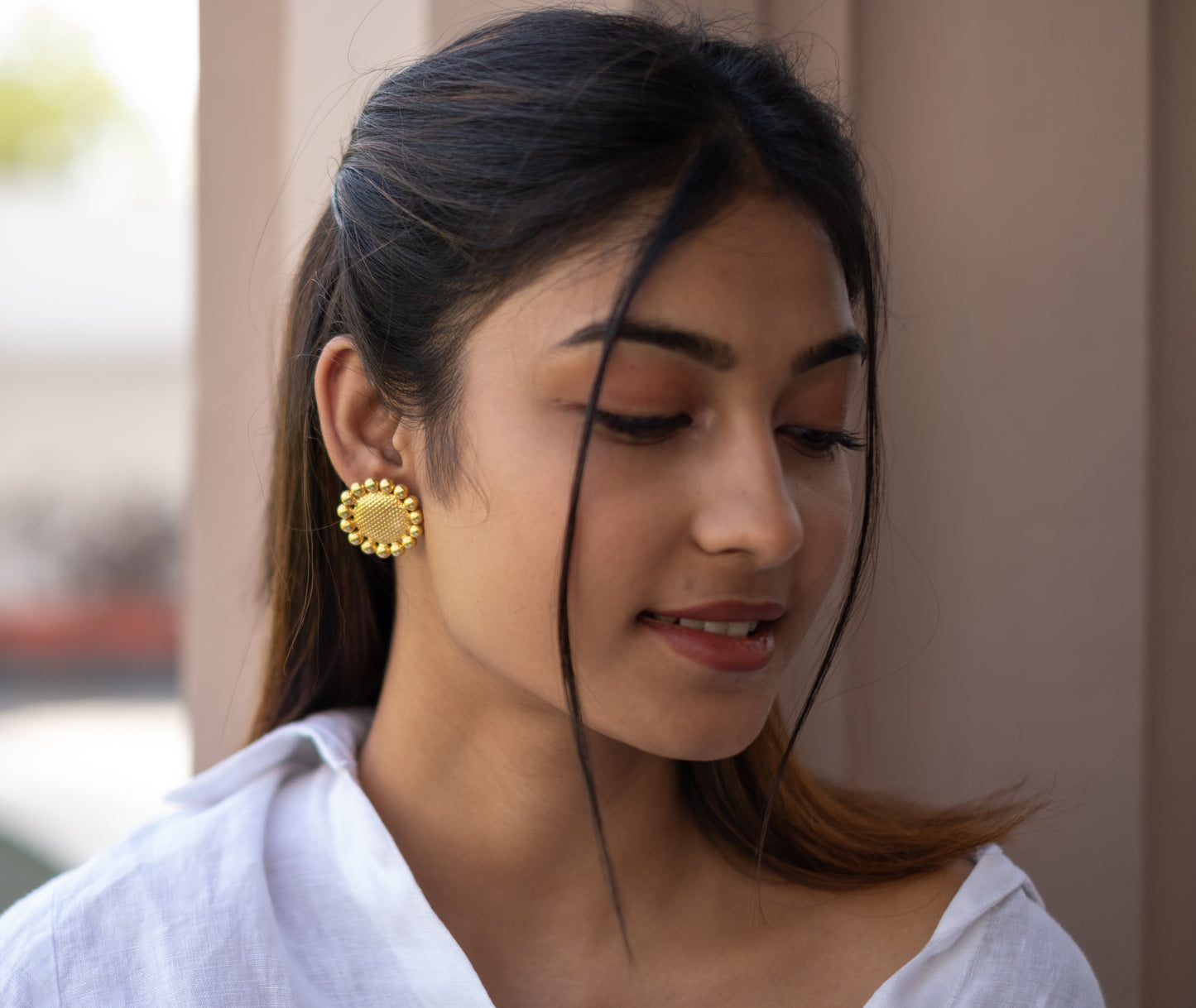 Dotted Gold Plated Sun Flower Earrings - SAADHGEE