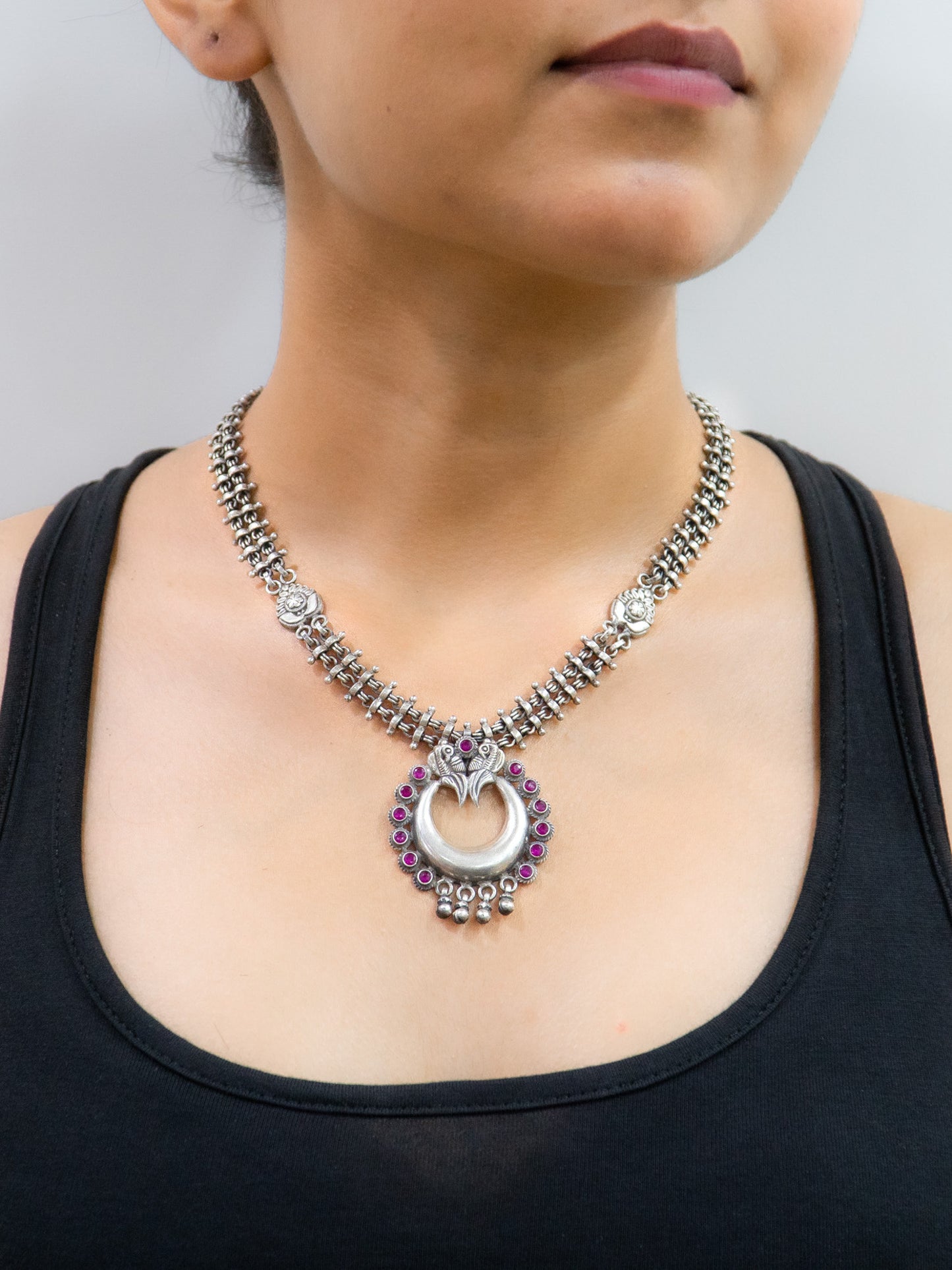 Peacock Moon Necklace Studded With Red Stone - ADA