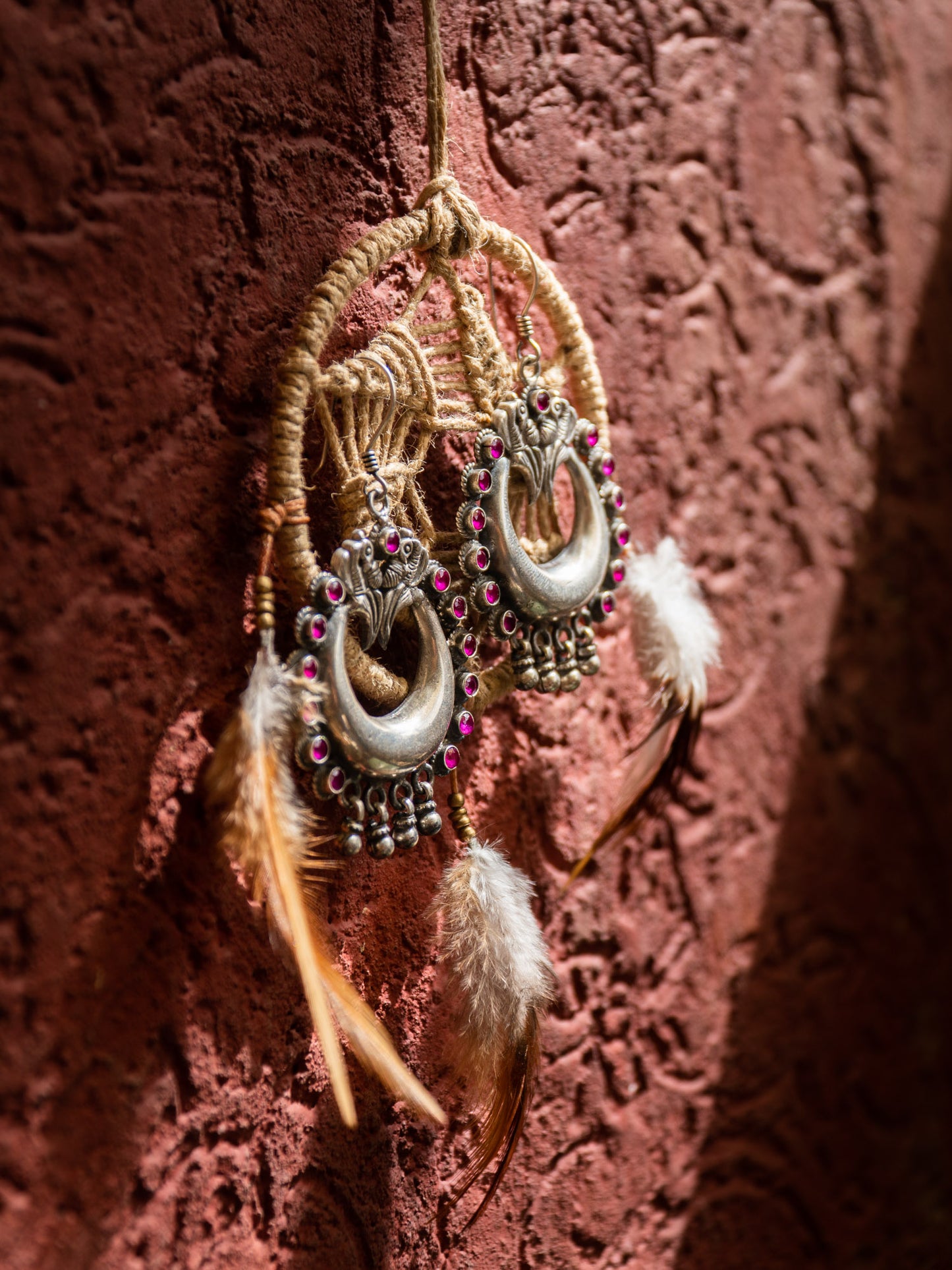 Peacock Moon Earring studded with red stone - ADA