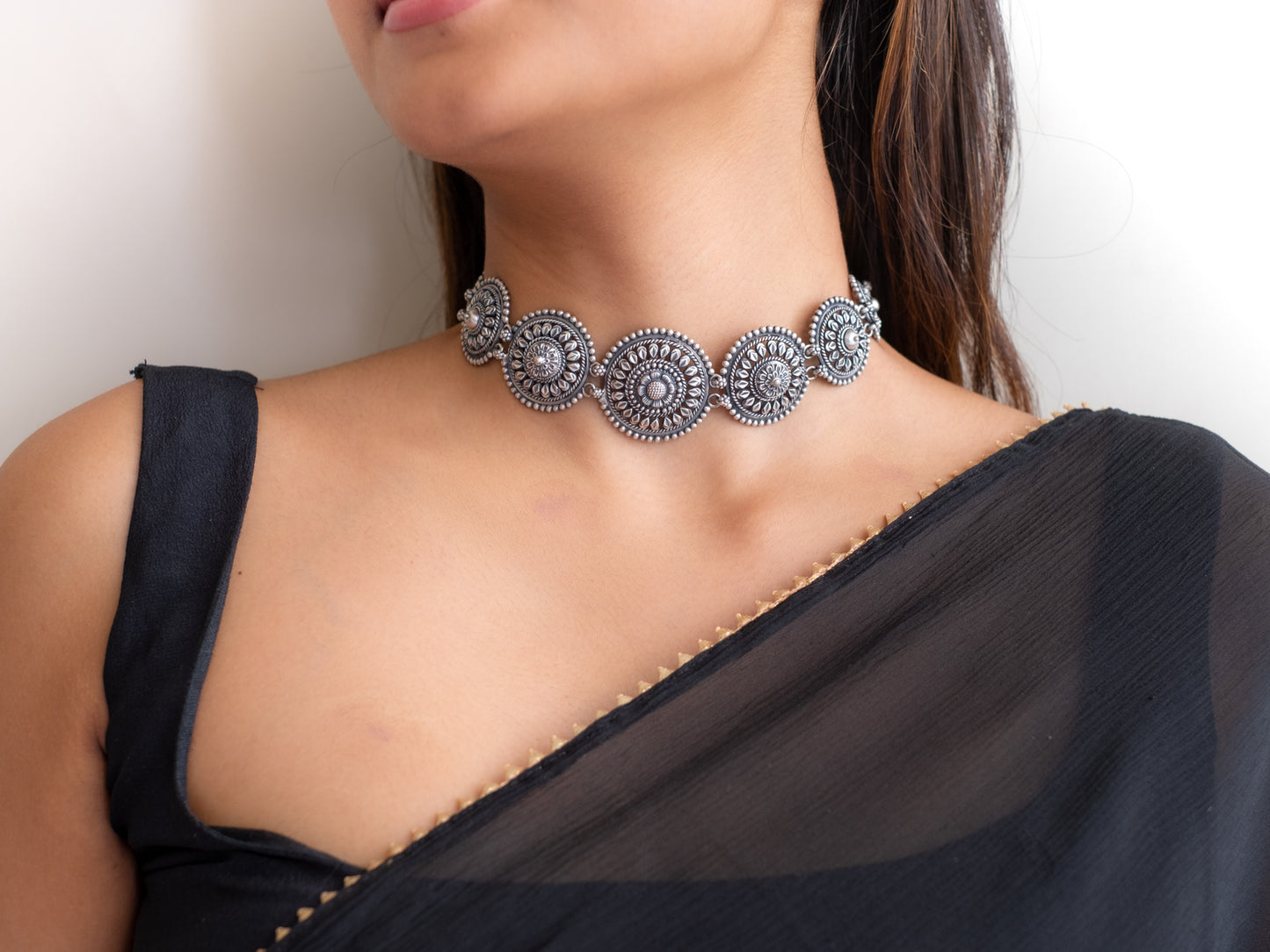 Flower Embossed Granulated Border Choker - DORA