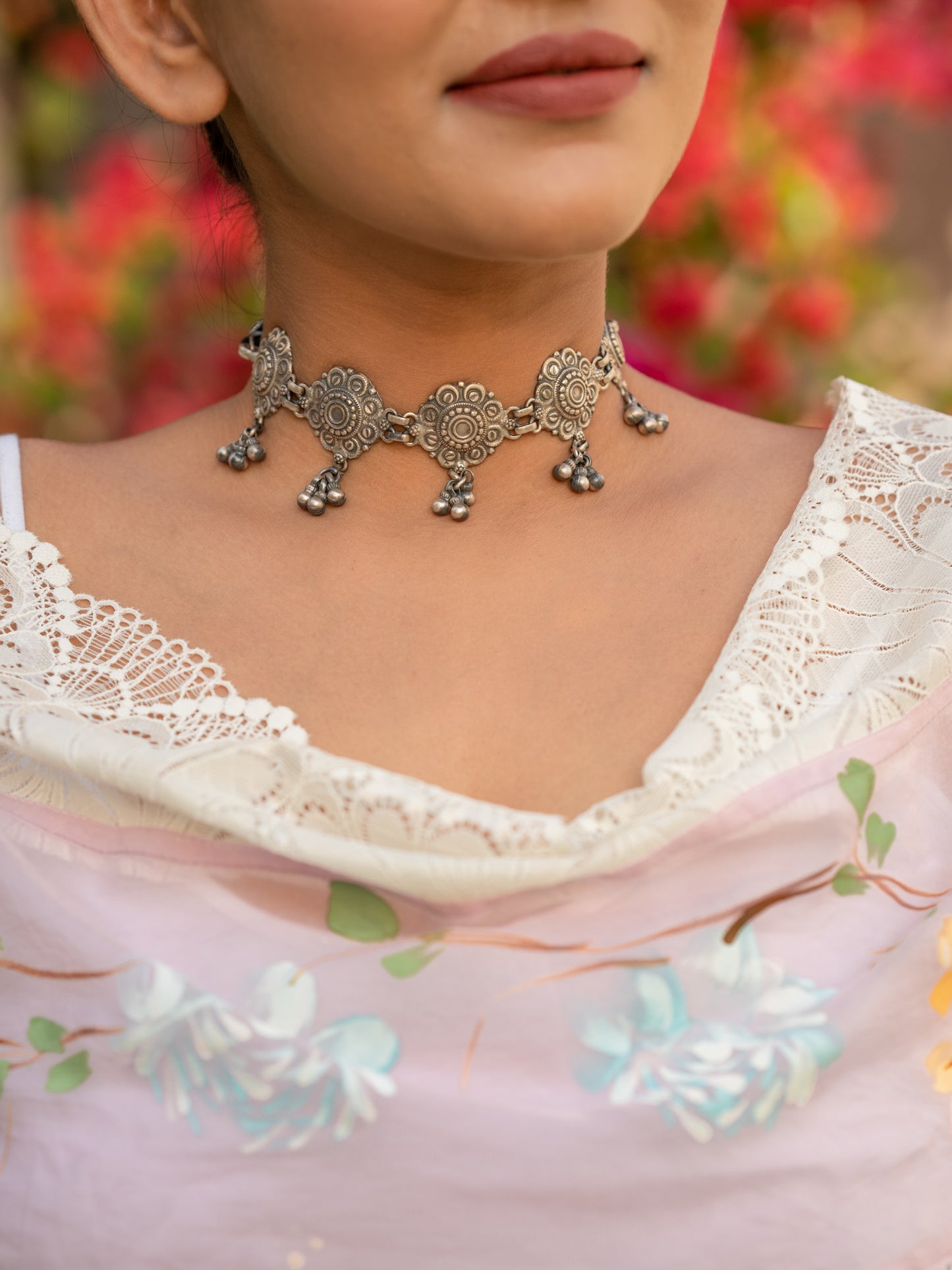 Flower Embossed Thread Necklace/Choker - ADA