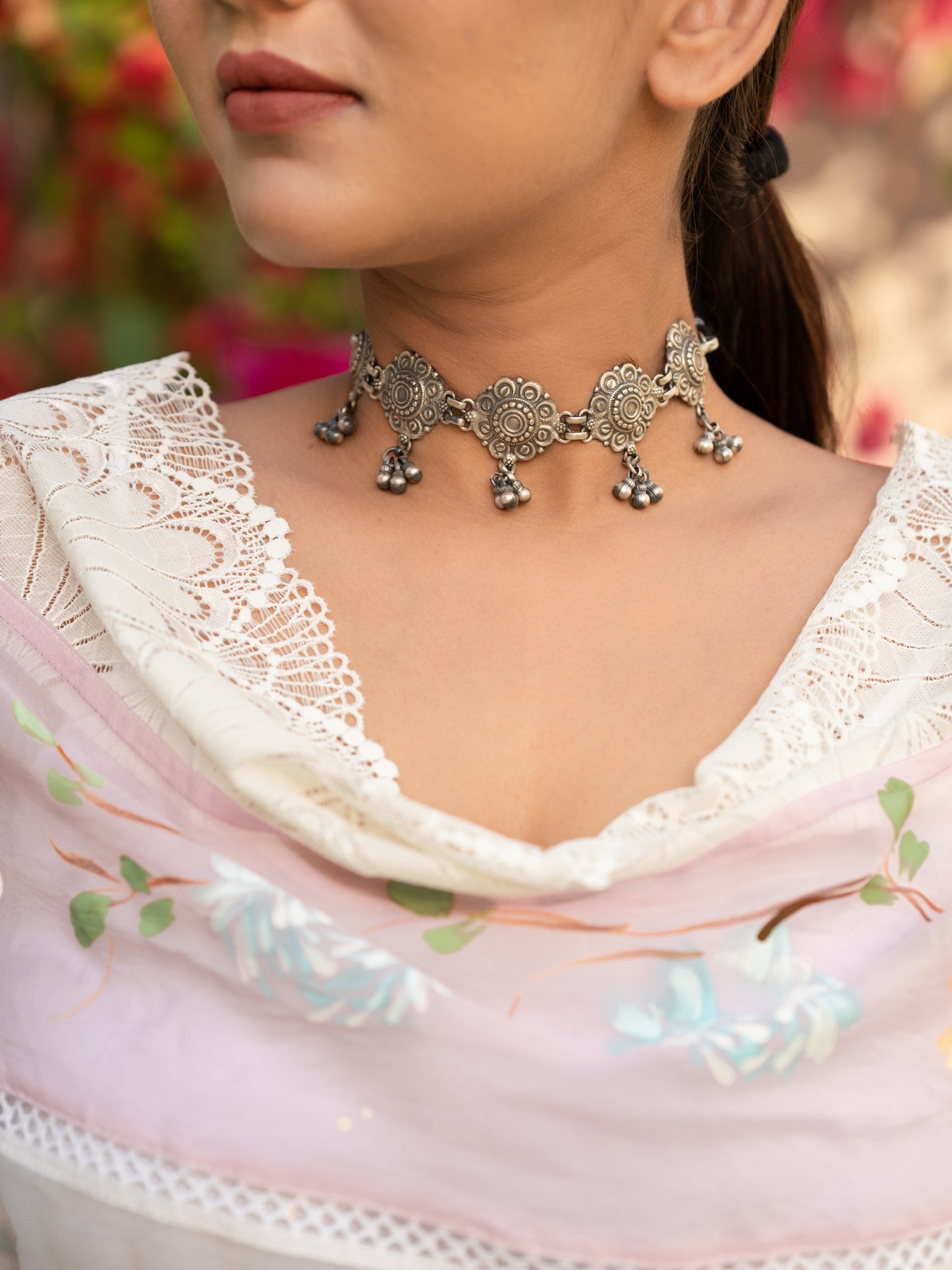 Flower Embossed Thread Necklace/Choker - ADA