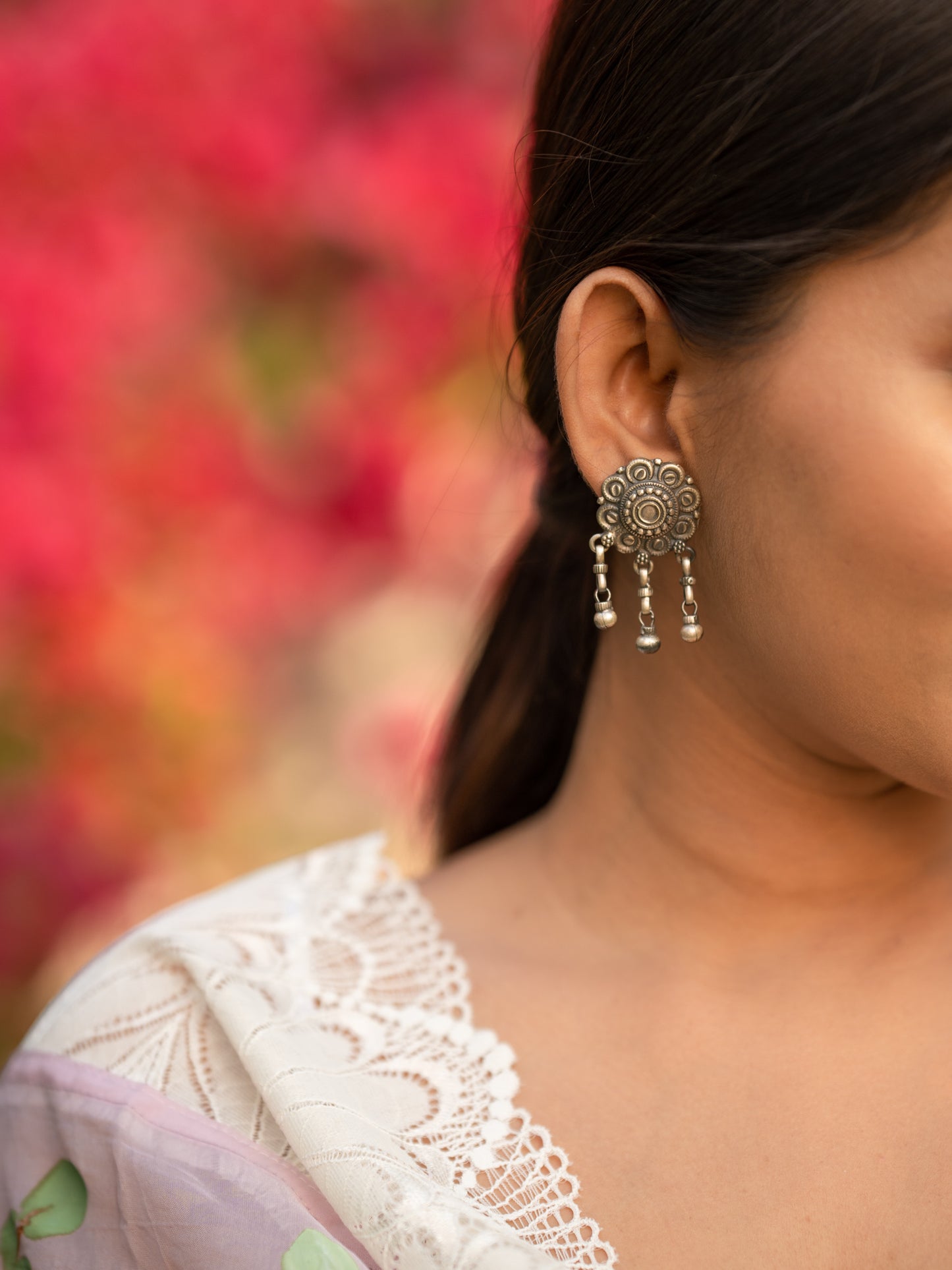 Flower Embossed Earrings With Hangings - ADA