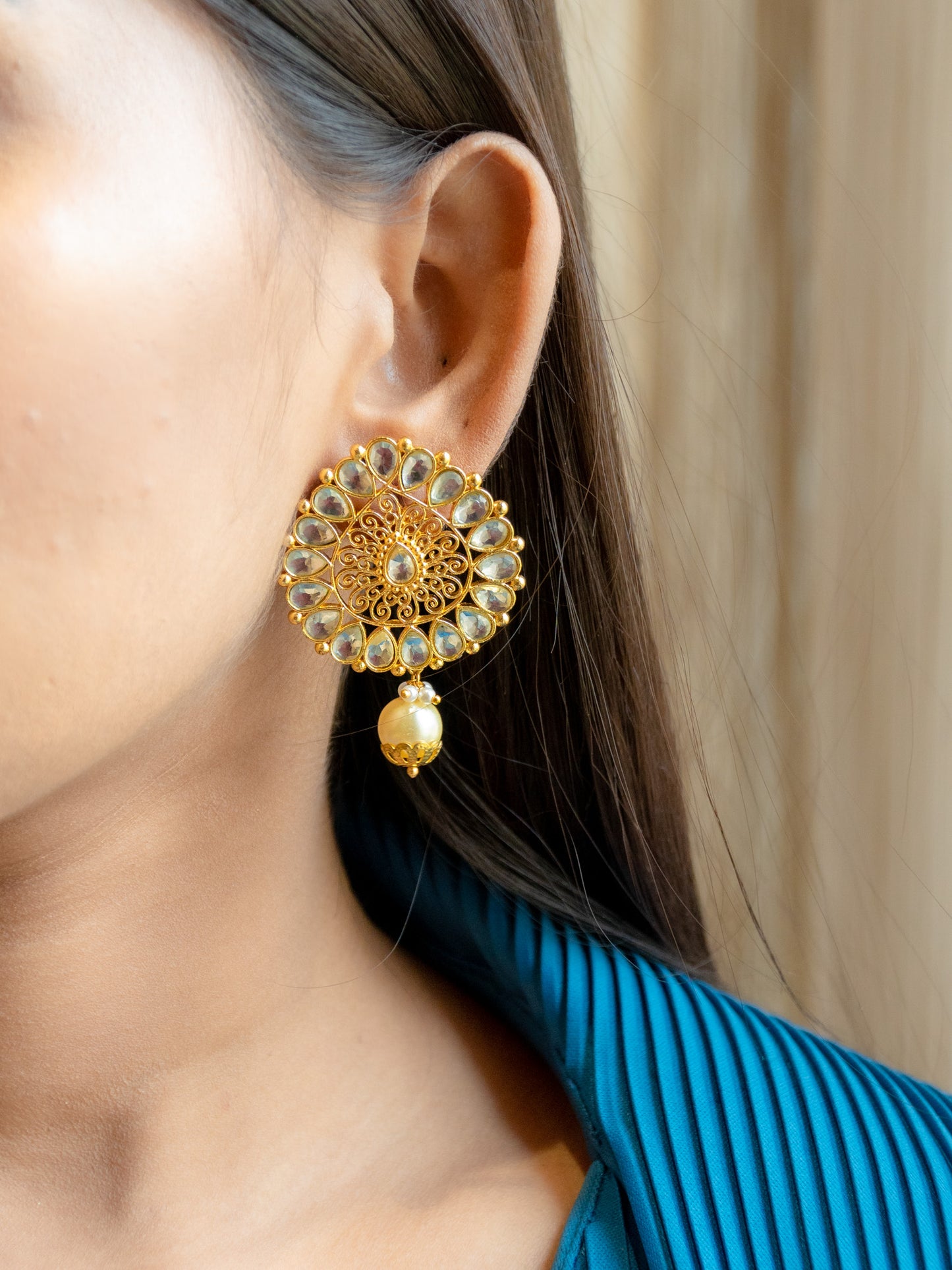 Paan shape  Zircon Studded Pearl Earrings - NOOR