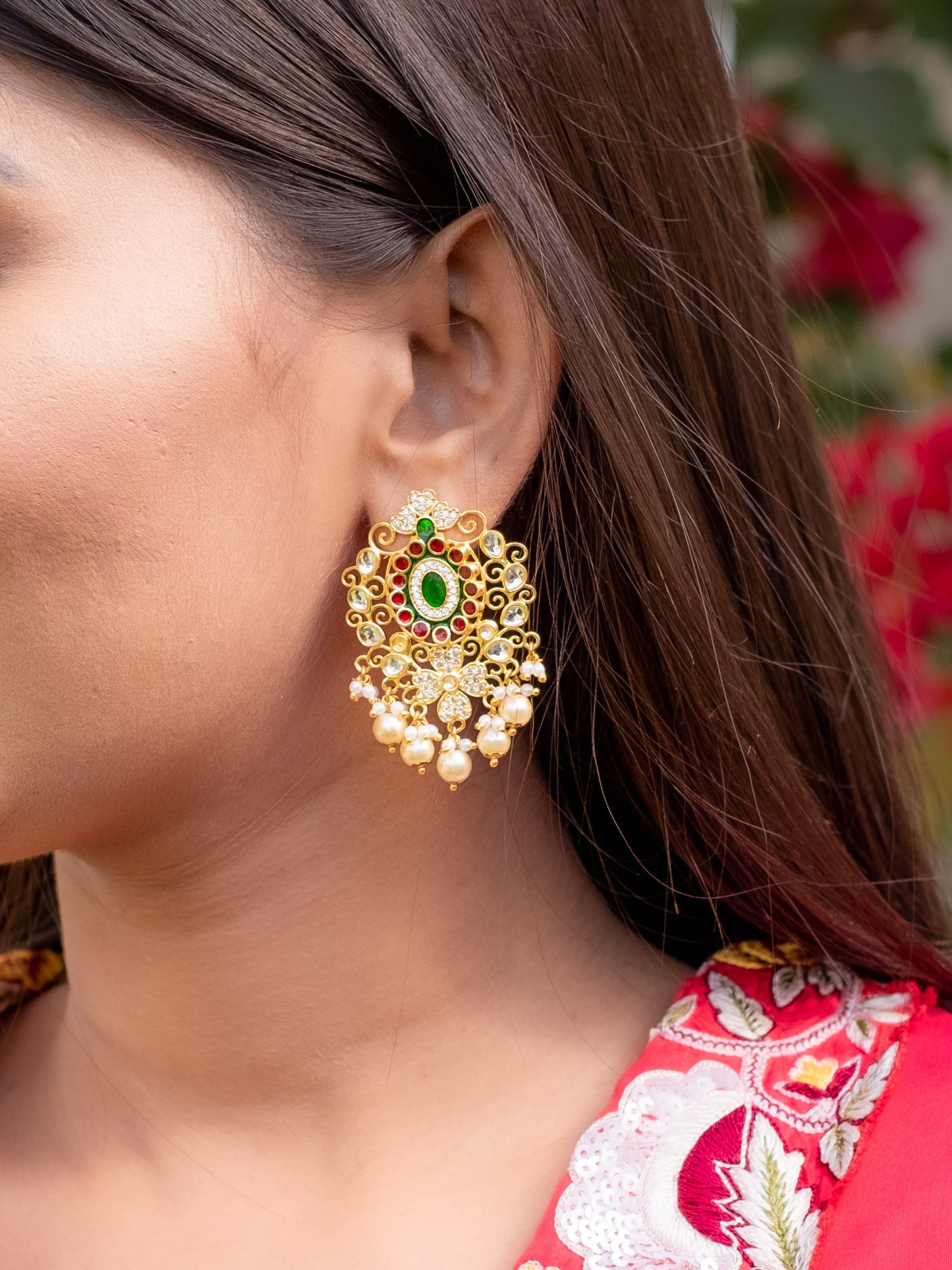 Zircon Studded Enamel and Pearl Earrings - NOOR