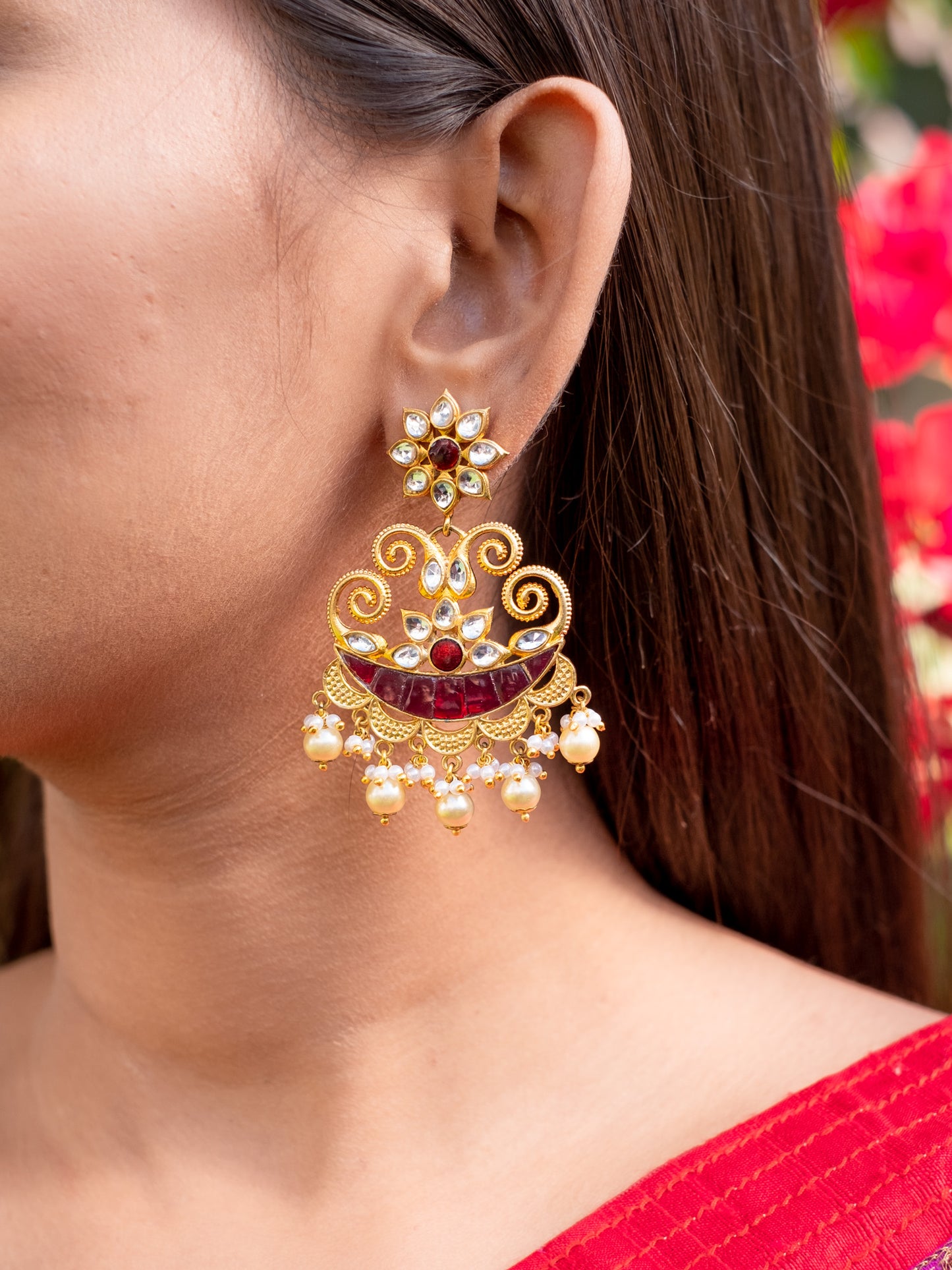 Zircon Studded Pearl Enamel Chandbali Earrings -NOOR