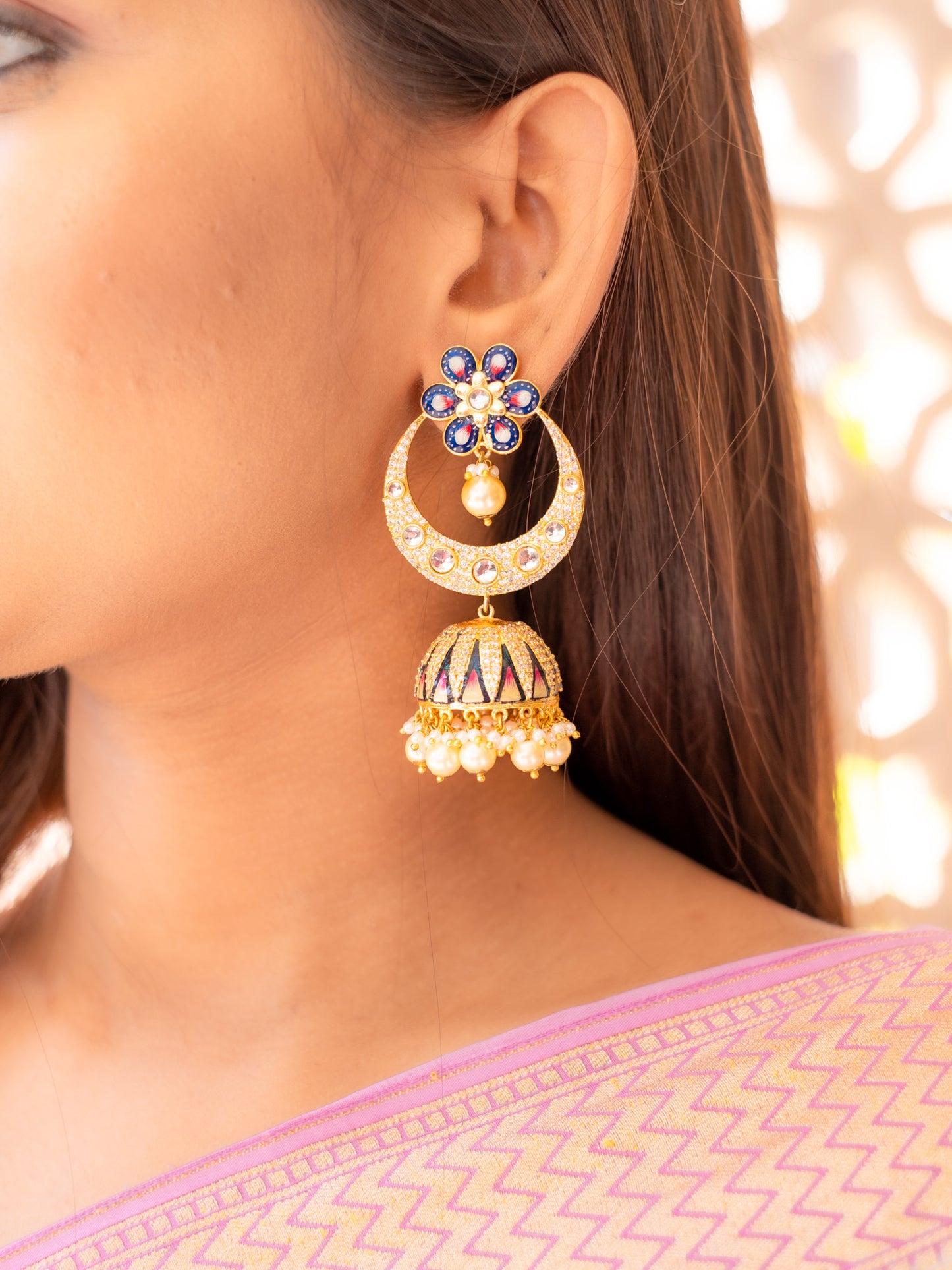 Zircon Studded Pearl Enamel Chandbali Jhumki Earrings - NOOR