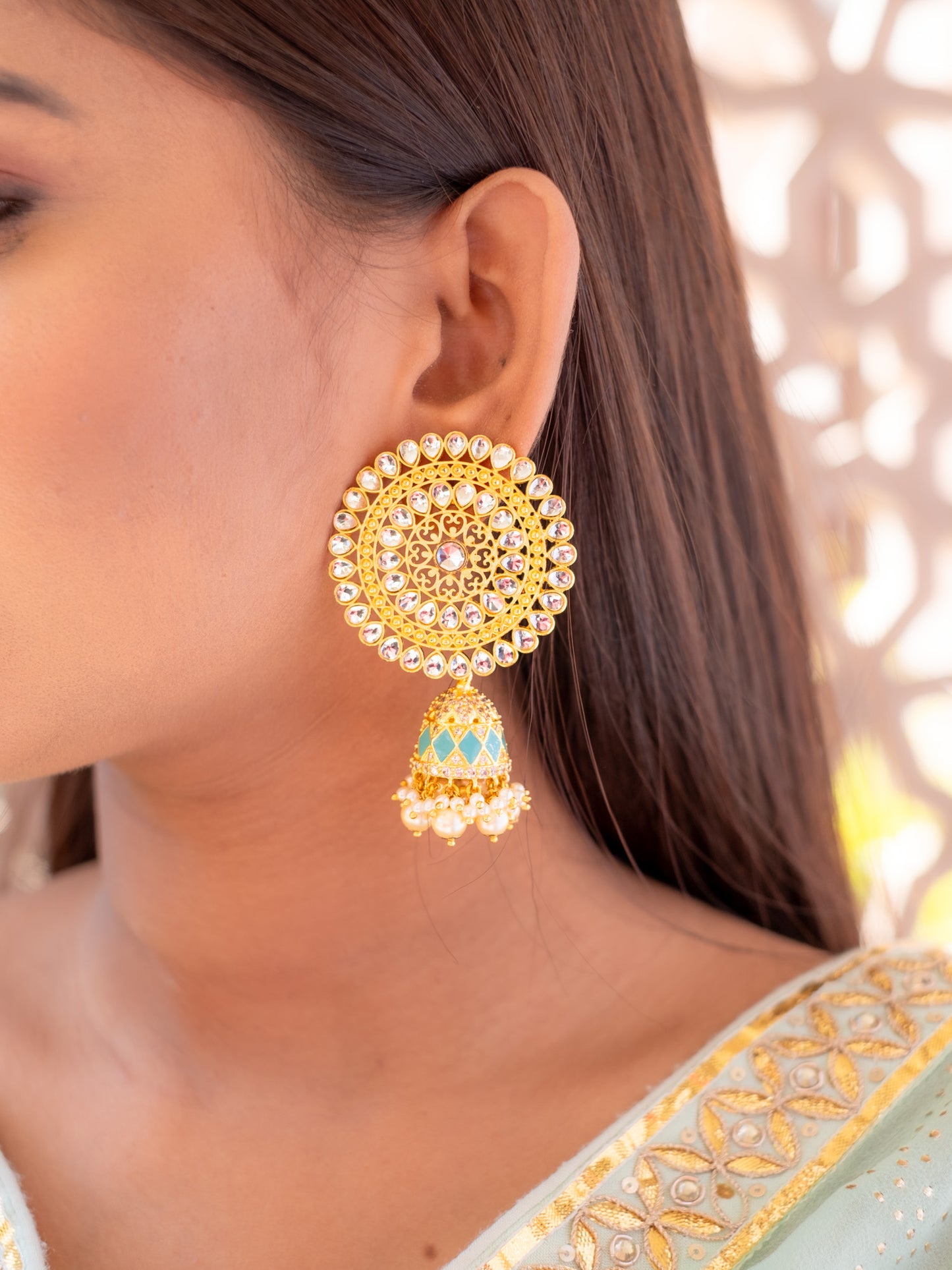 Zircon Studded Pearl Blue  Enamel Jhumki - NOOR