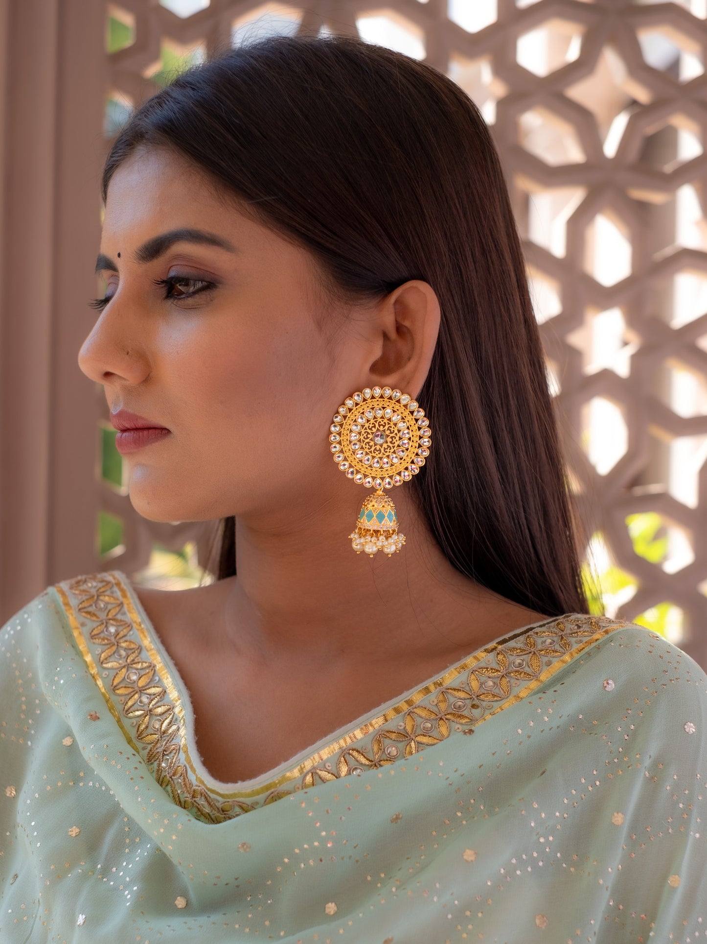 Zircon Studded Pearl Blue  Enamel Jhumki - NOOR