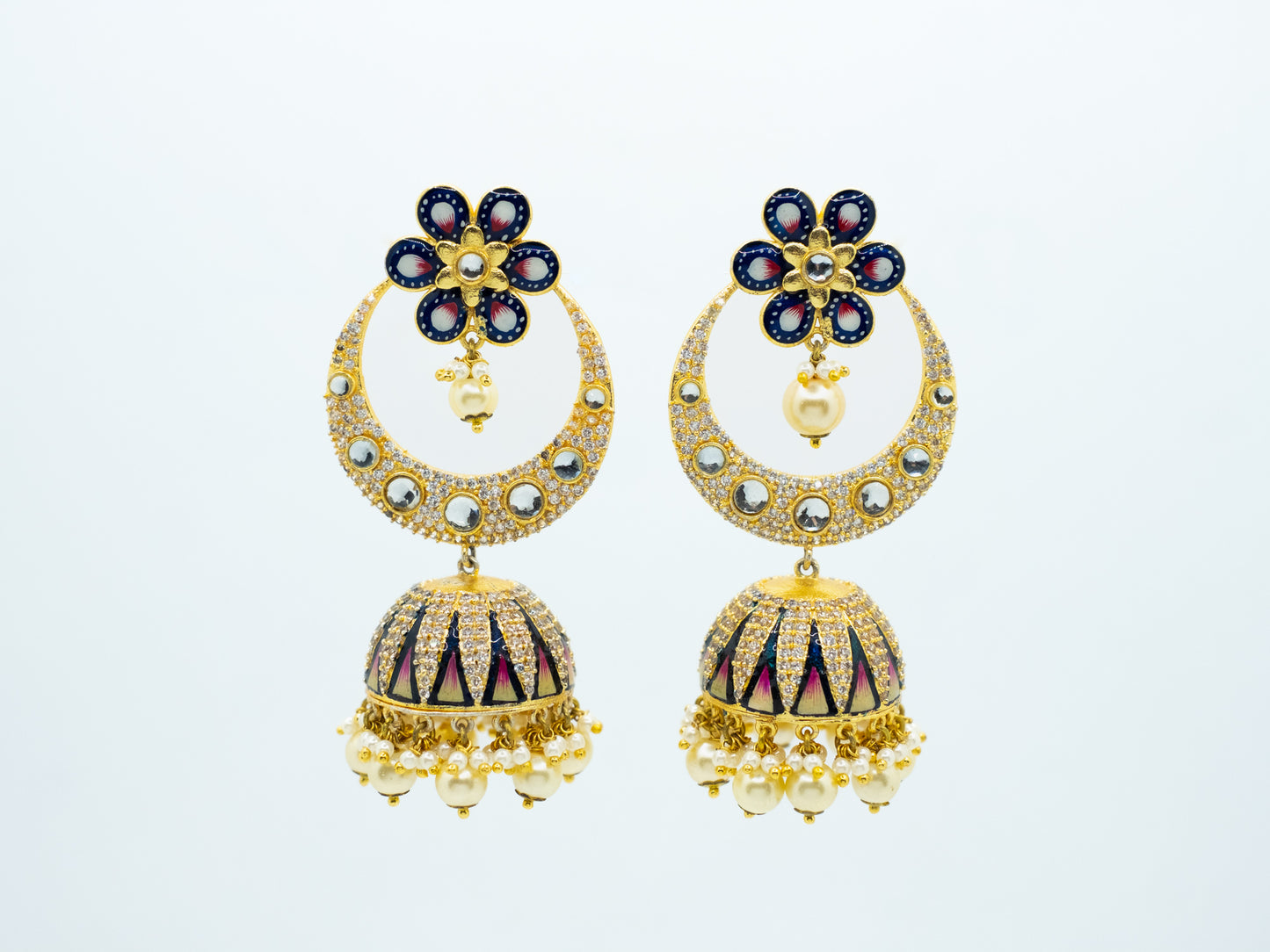 Zircon Studded Pearl Enamel Chandbali Jhumki Earrings - NOOR