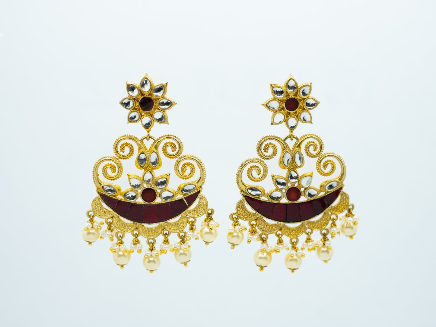 Zircon Studded Pearl Enamel Chandbali Earrings -NOOR