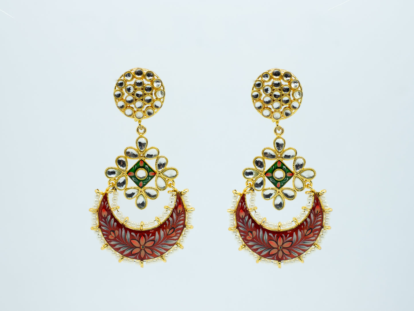 Zircon Studded Pearl Enamel Chandbali Earrings -NOOR